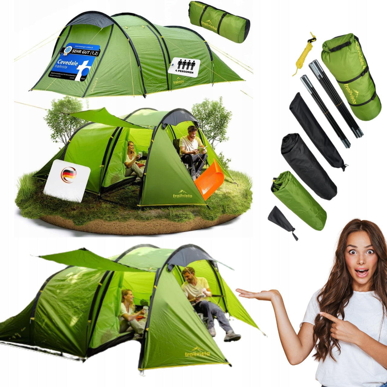 Cevedale 4-Person Hiking Camping Tent with Vestibule Green