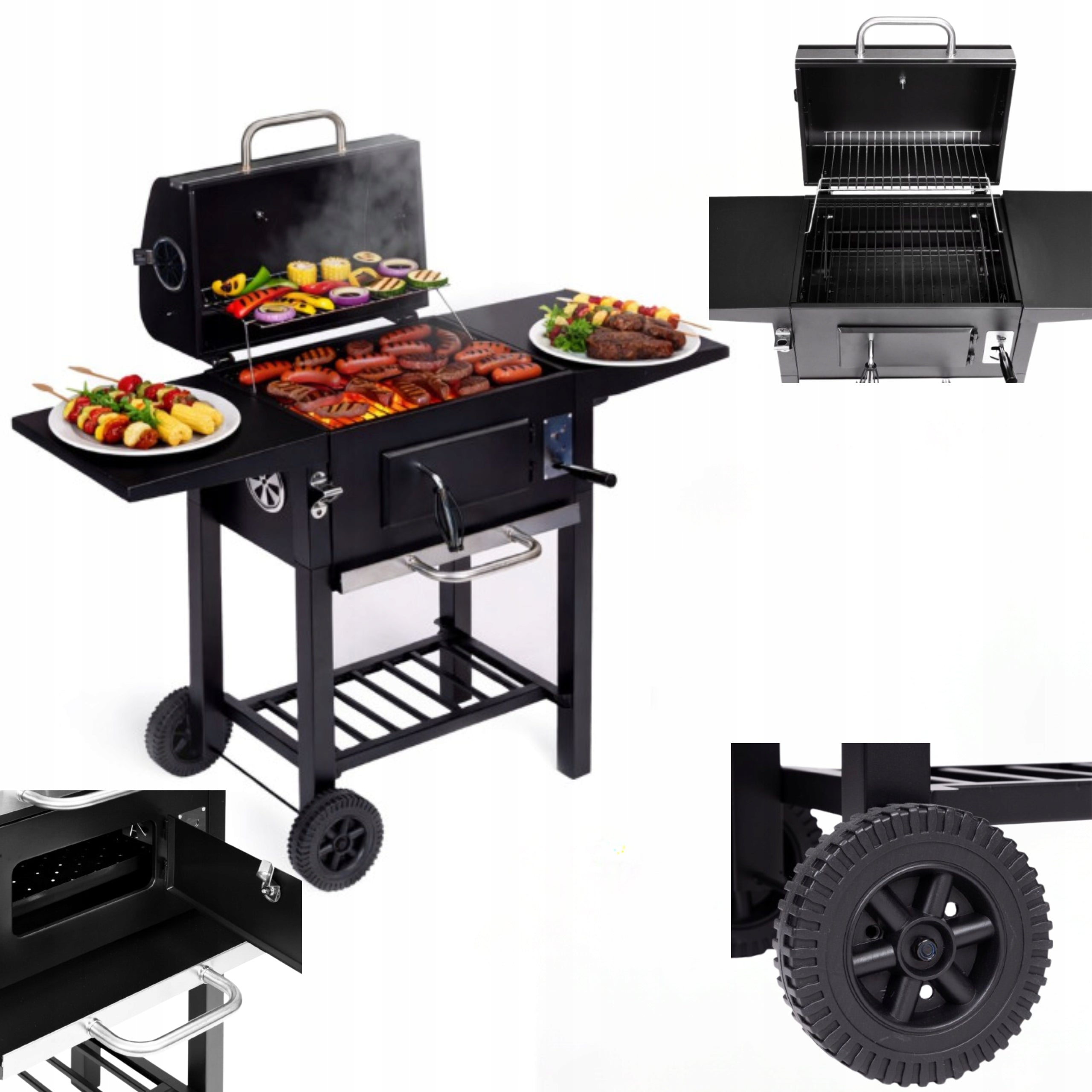 Charcoal Garden Grill Large Cover Adjustable Grating Thermometer Side Shelves