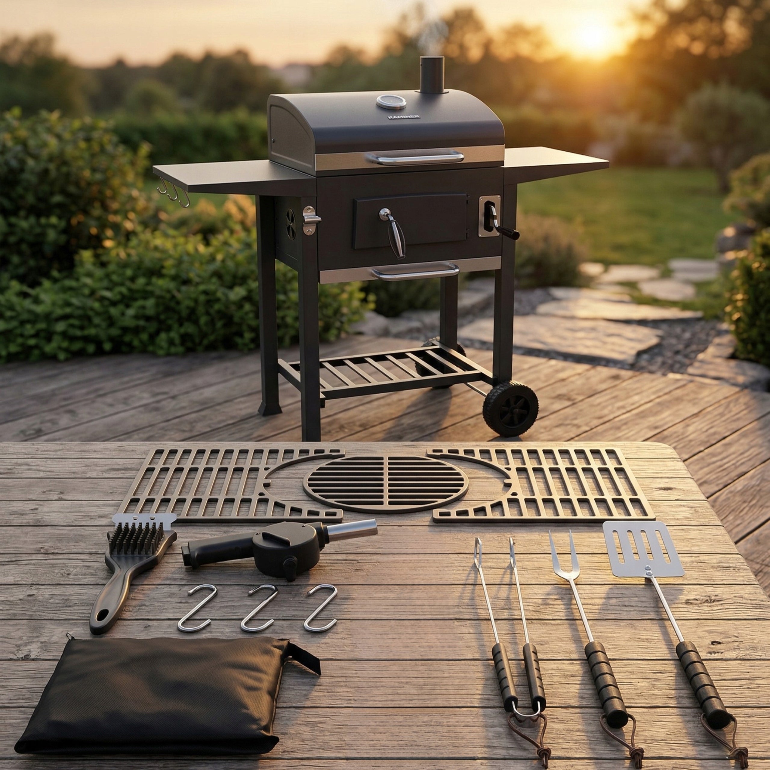 Charcoal Garden Grill Large Family Grill Cover Cast Iron Grate Packaging status original