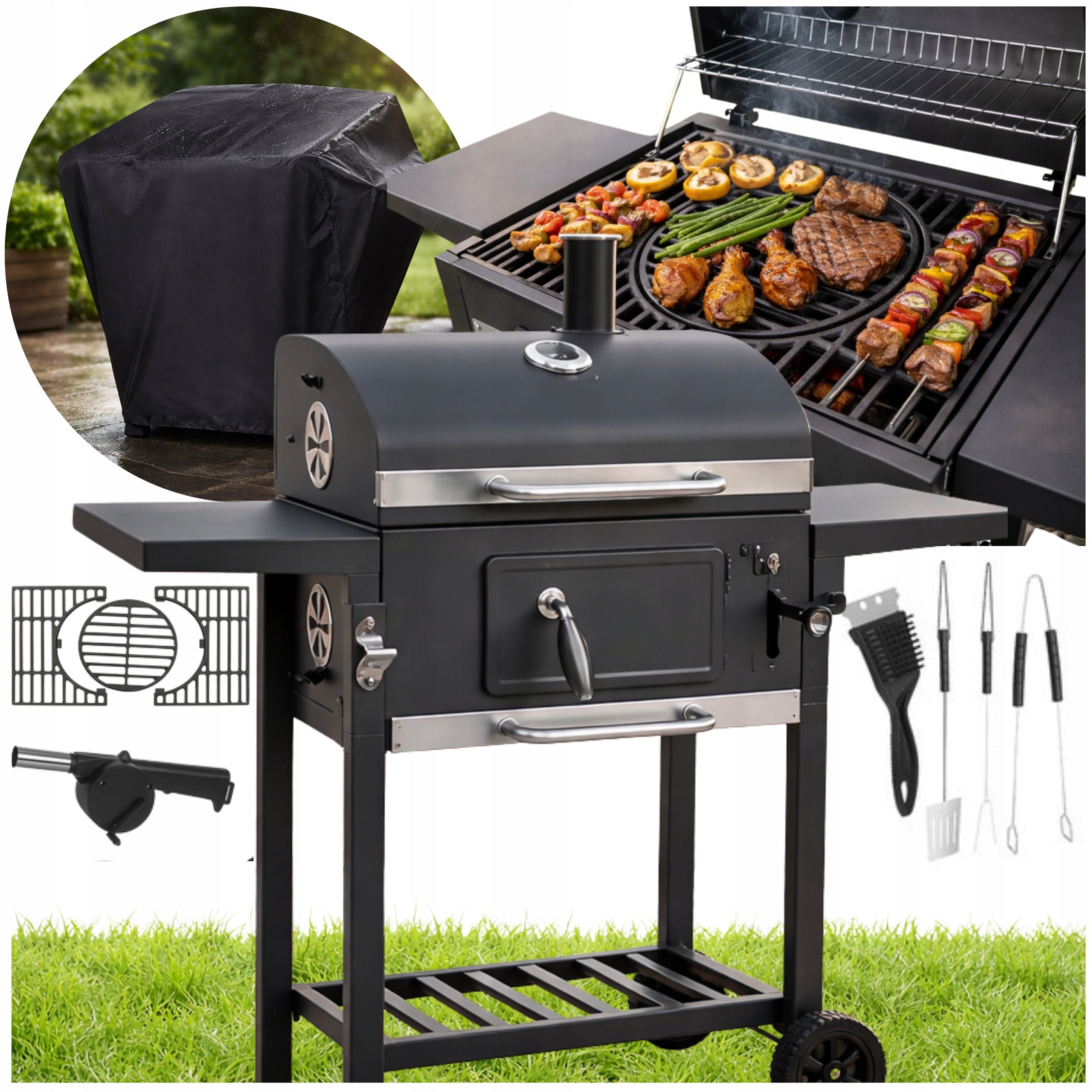 Charcoal Garden Grill Large Family Grill Cover Cast Iron Grate