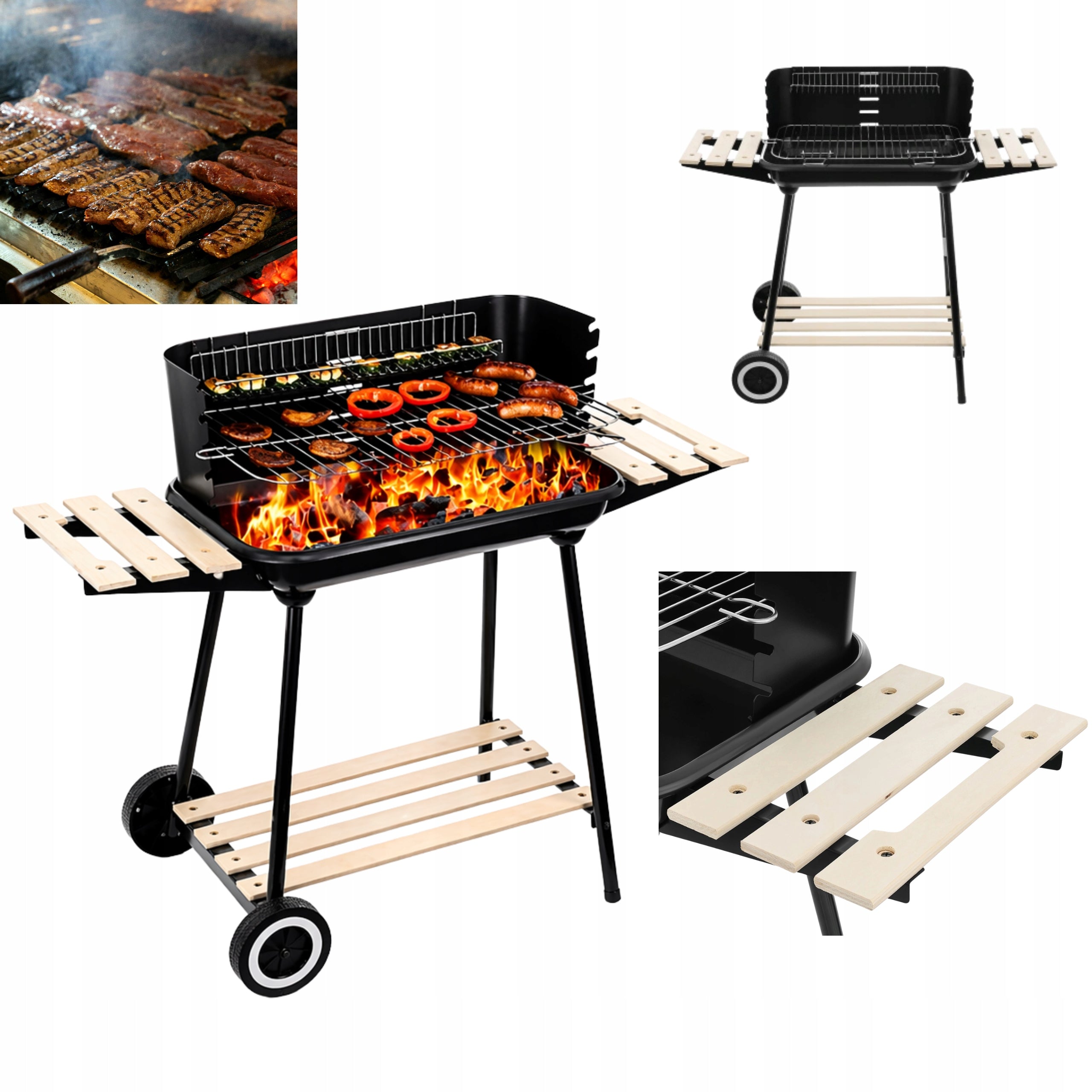 Charcoal Garden Grill On Wheels With Grating Adjustable Portable Steel Corner