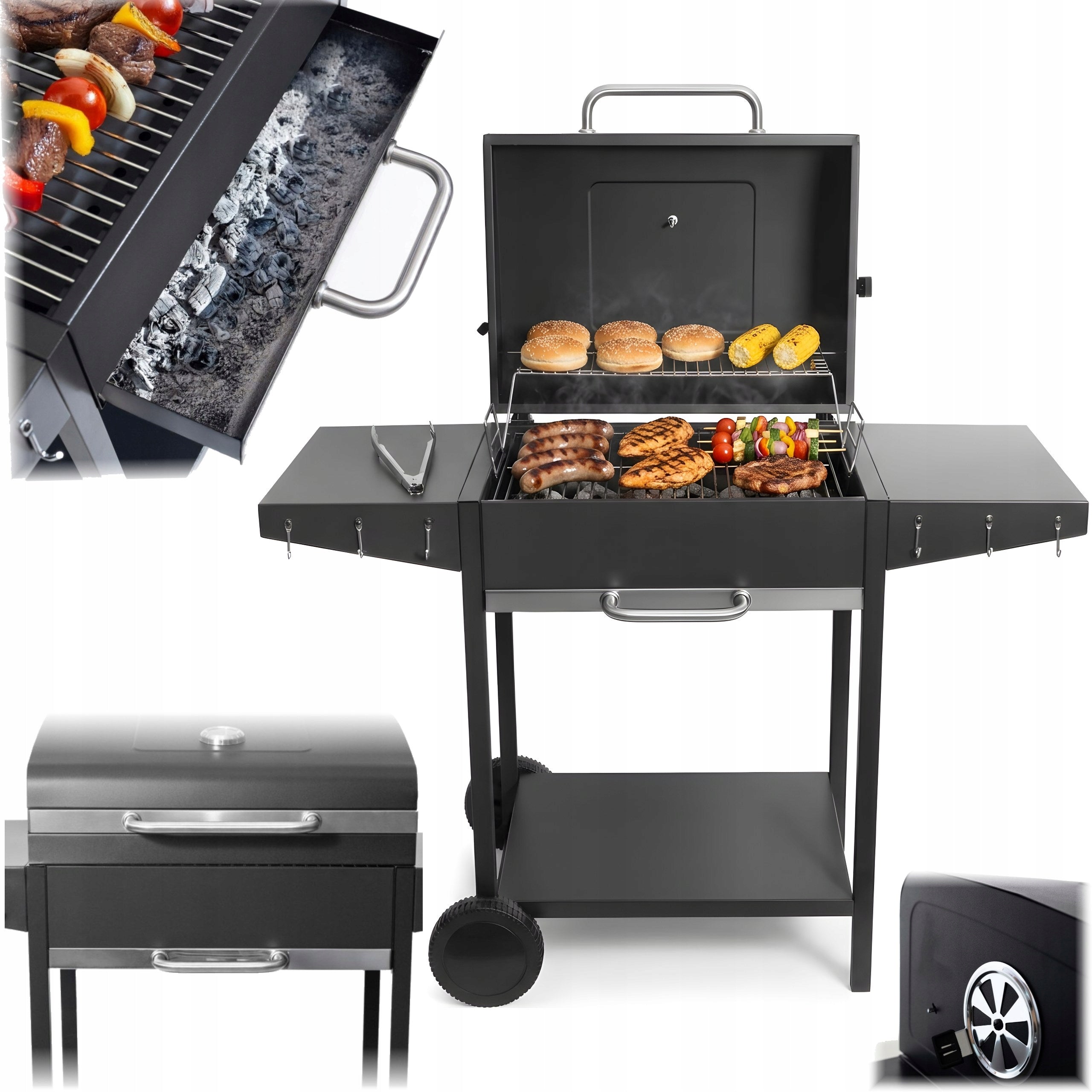Charcoal Garden Grill with Lid Grate Ashtray On Wheels Chrome THERMOMETER