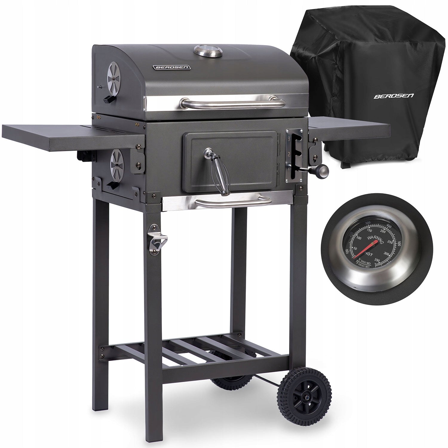 Charcoal Grill Berdsen Black Steel On Wheels Thermometer +COVER FREEBIE