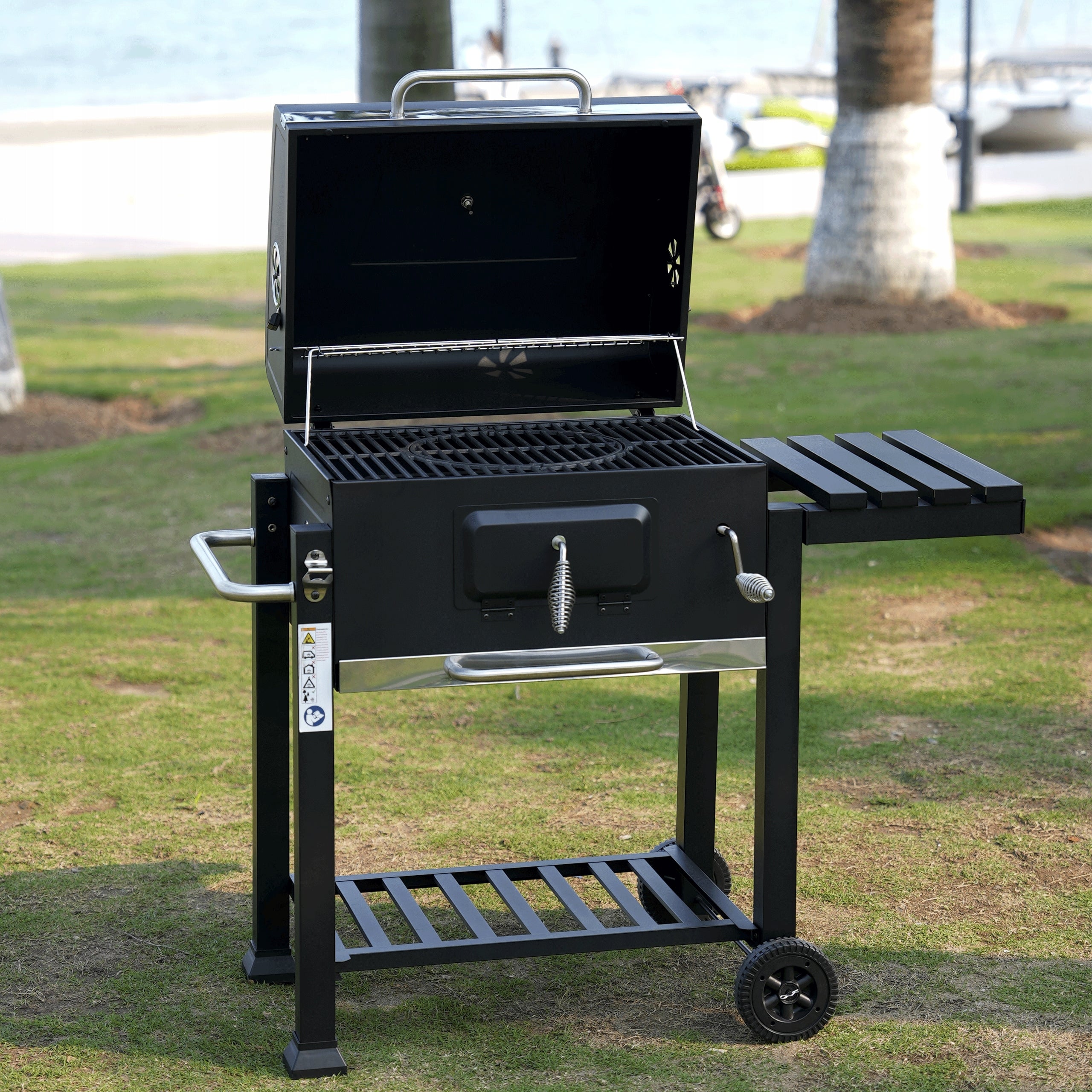 Charcoal Grill Garden Cast Iron Grate Large Cover Ashtray Thermometer 28KG Grill width 114 cm