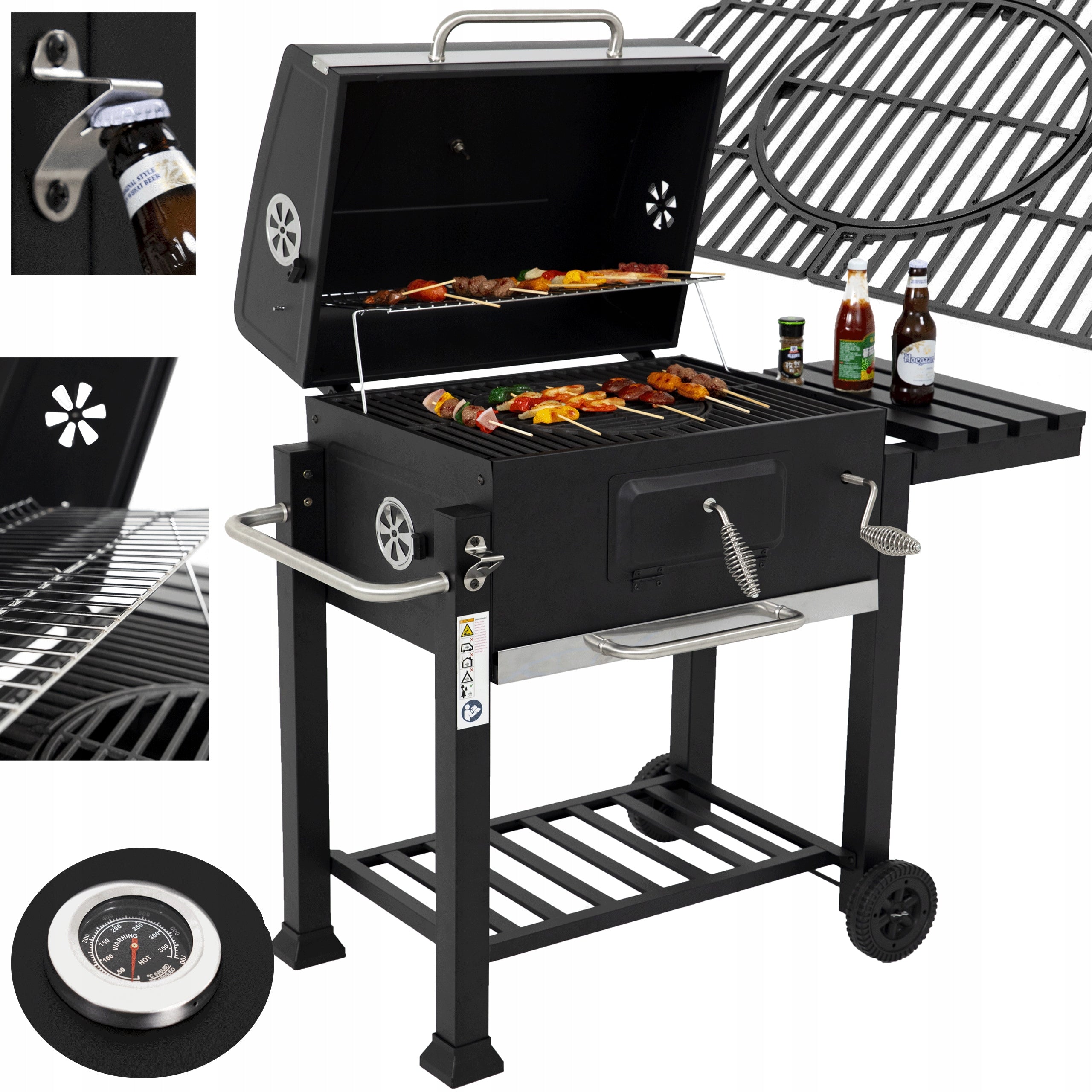 Charcoal Grill Garden Cast Iron Grate Large Cover Ashtray Thermometer 28KG