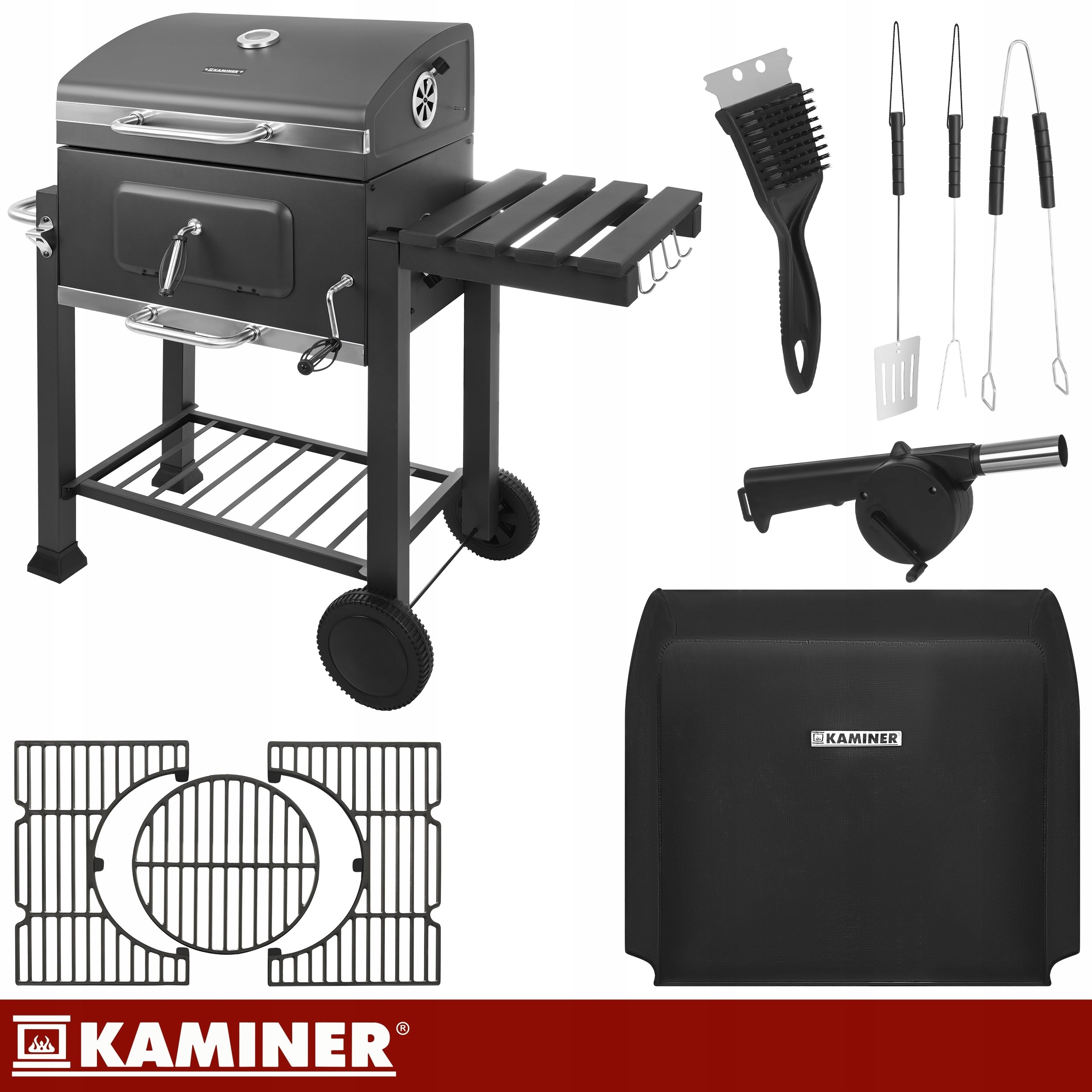 Charcoal Grill Garden Cast Iron Grate with Lid Ashtray + Accessories FREEBIE Grill depth 55 cm