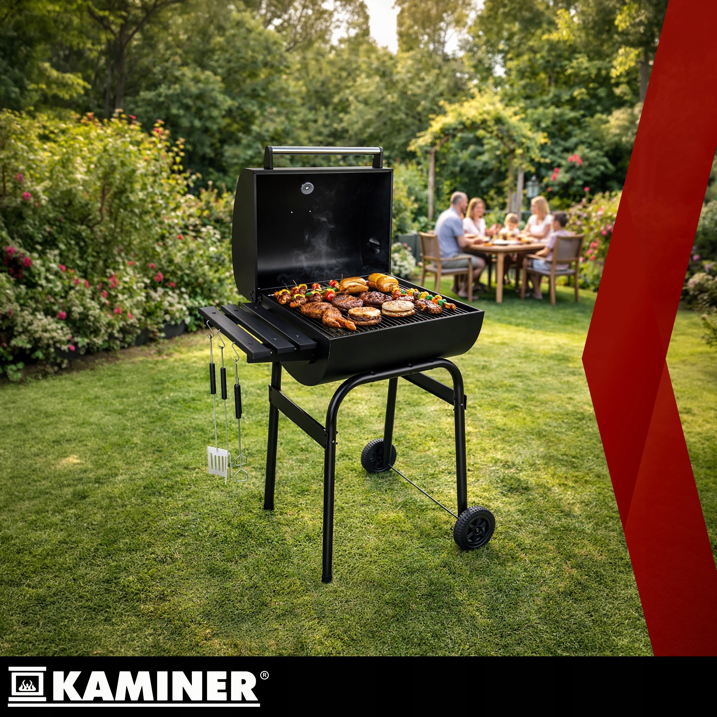 Charcoal Grill with Garden Cover Portable Large Grating Thermometer + Accessories Grate length 46 cm