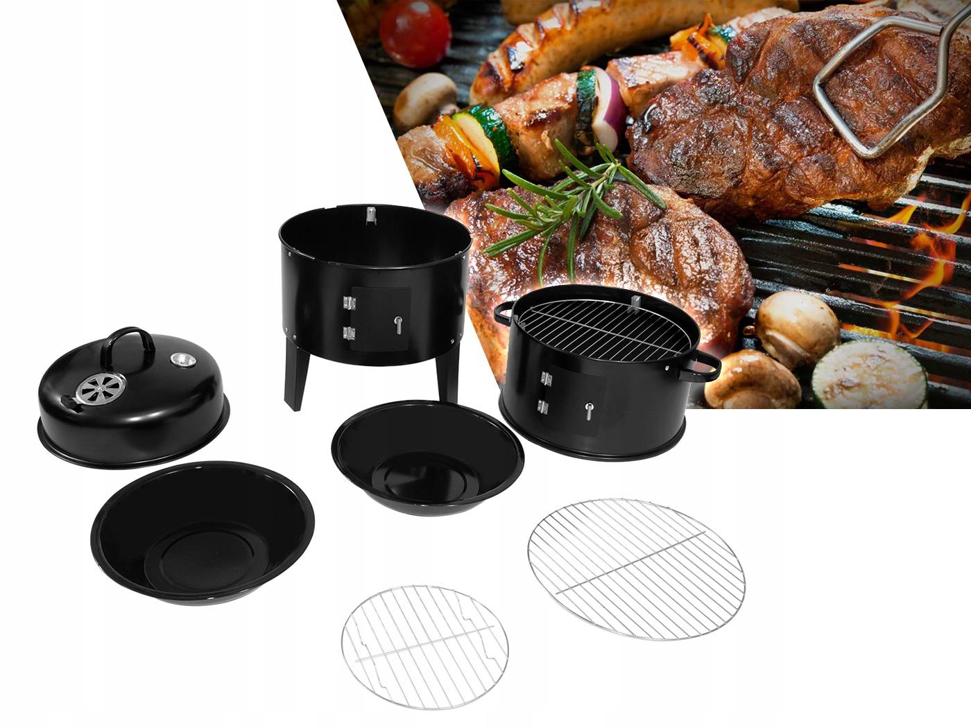 Charcoal Grill with Smokehouse Tube 2 Grates Thermometer Portable Garden Steel Manufacturer code 108085