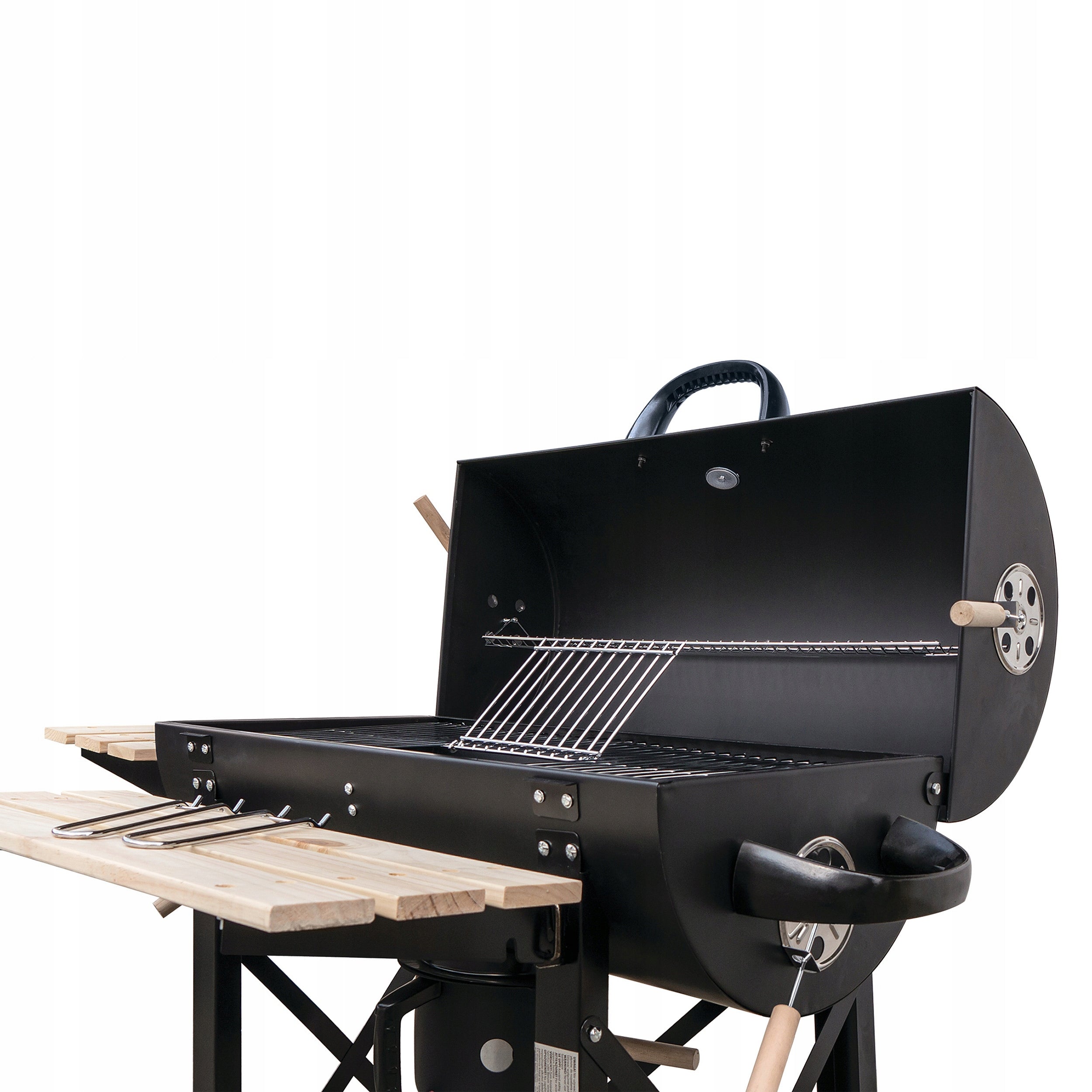 Charcoal grill smokehouse with wooden shelves barrel Mirpol 70 x 35 cm Grate width 35 cm
