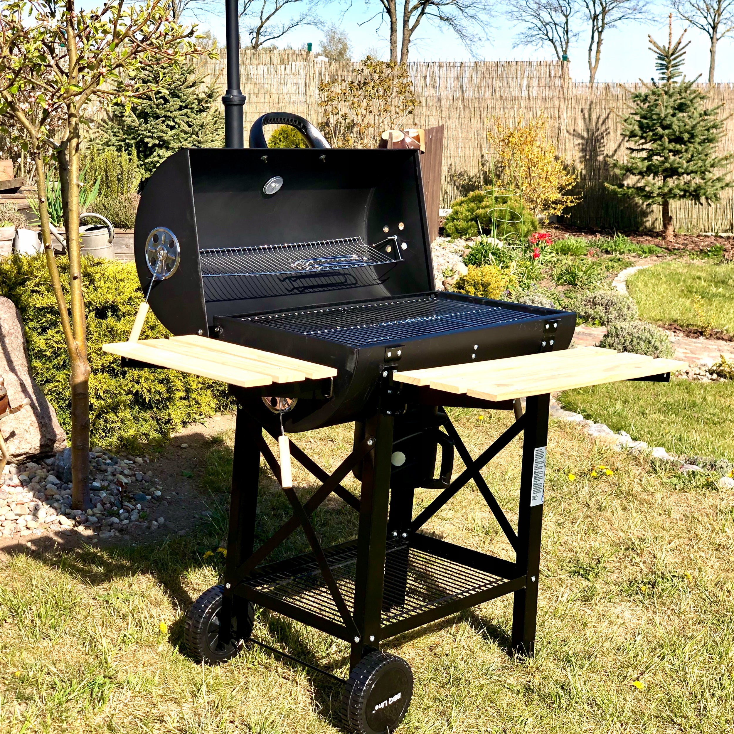 Charcoal grill smokehouse with wooden shelves barrel Mirpol 70 x 35 cm Grill height 114 cm