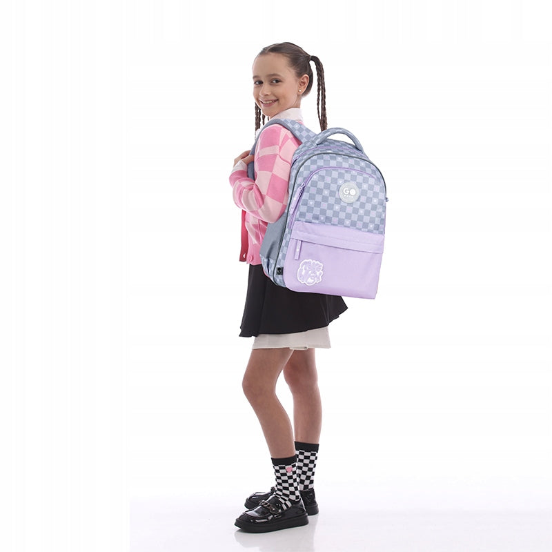 Checkered school backpack for girls 9-12 years multi-chamber GoPack Packaging status original