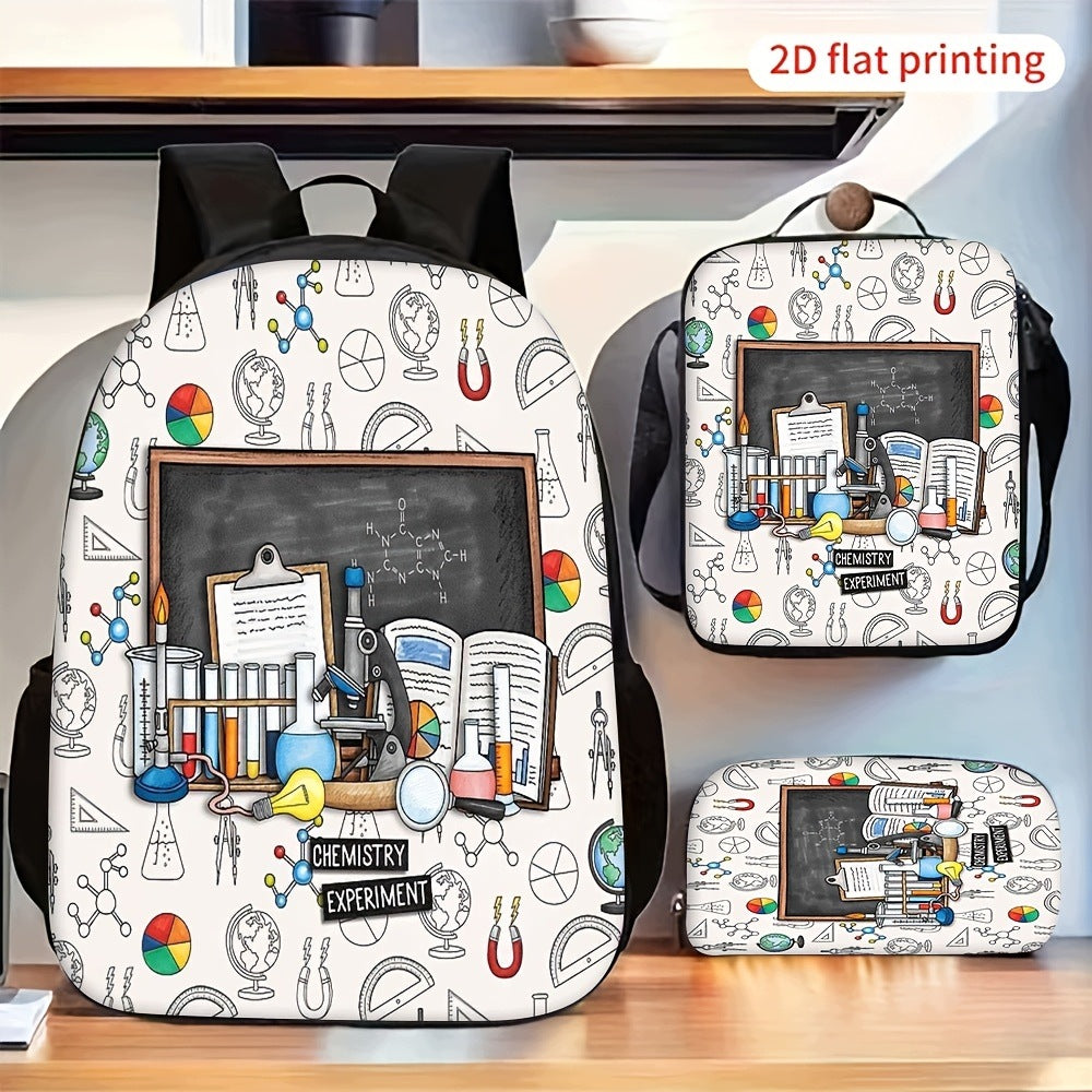 Chemistry Experiment Science Pattern 3-Piece Backpack Set with Lunch Bag and Pencil Case
