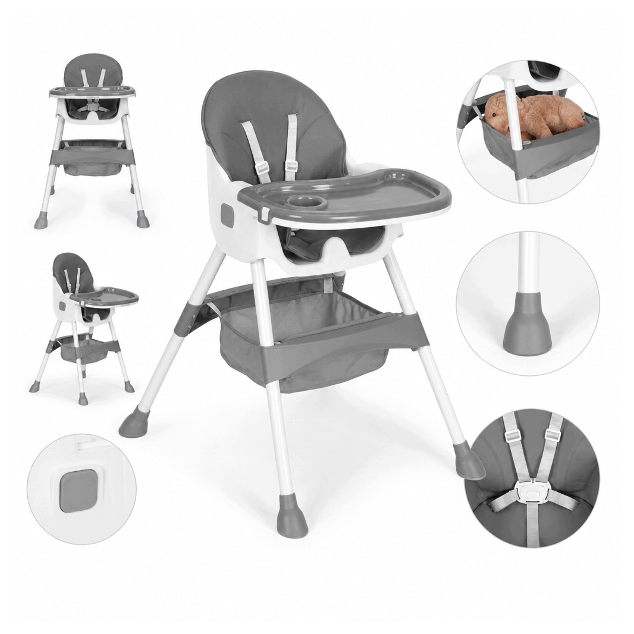 Child Feeding Seat Tray Basket 5-Point Safety Belts Grey