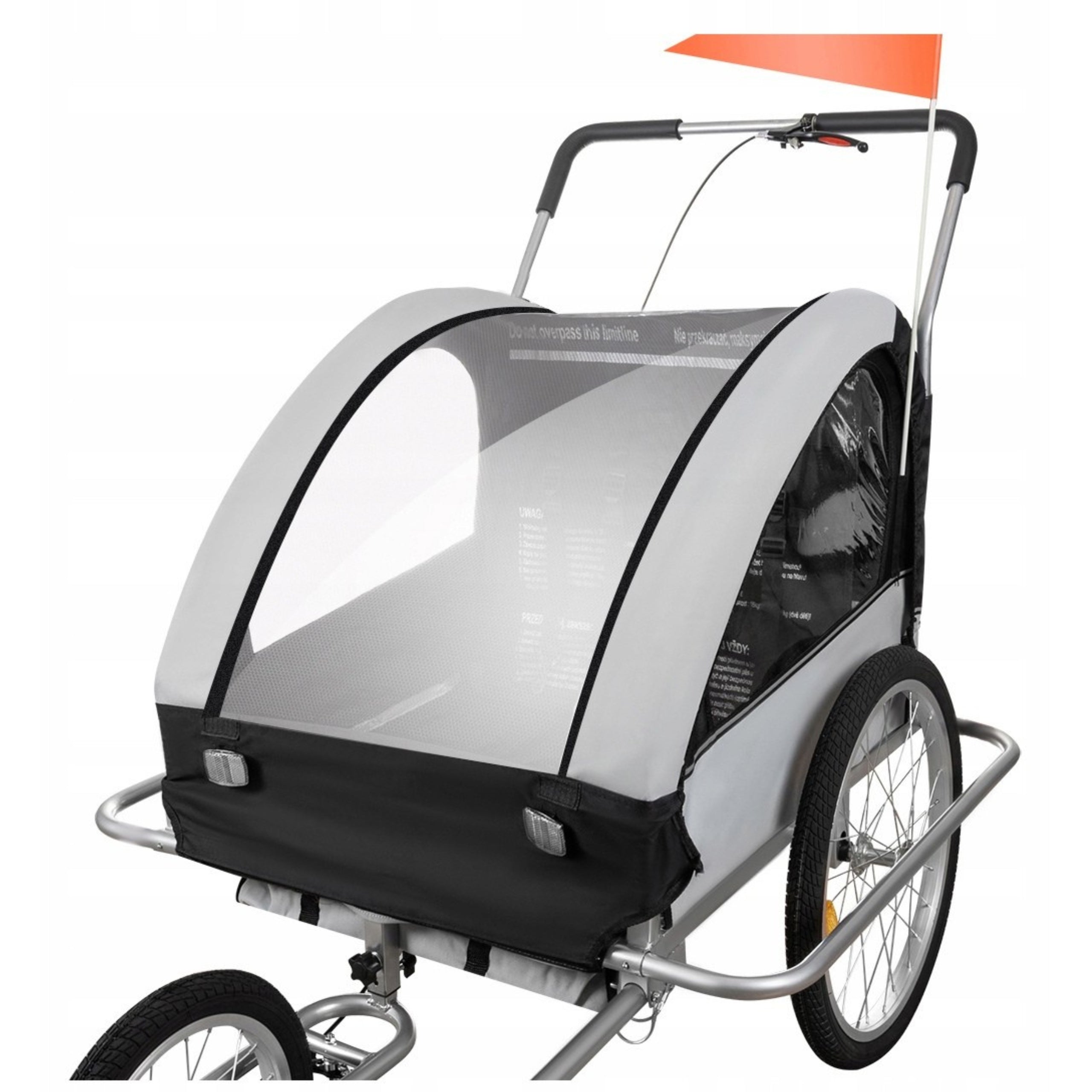 Children's Bicycle Trailer Jogger for Bike 2 Person Transport 3in1 Additional features shock absorption safety flag rain cover jogger function brake pockets stroller front wheel included axle-mounted mosquito net hi-vis reflectors securing straps pumped wheels cargo space waterproof bicycle trailer hook covered