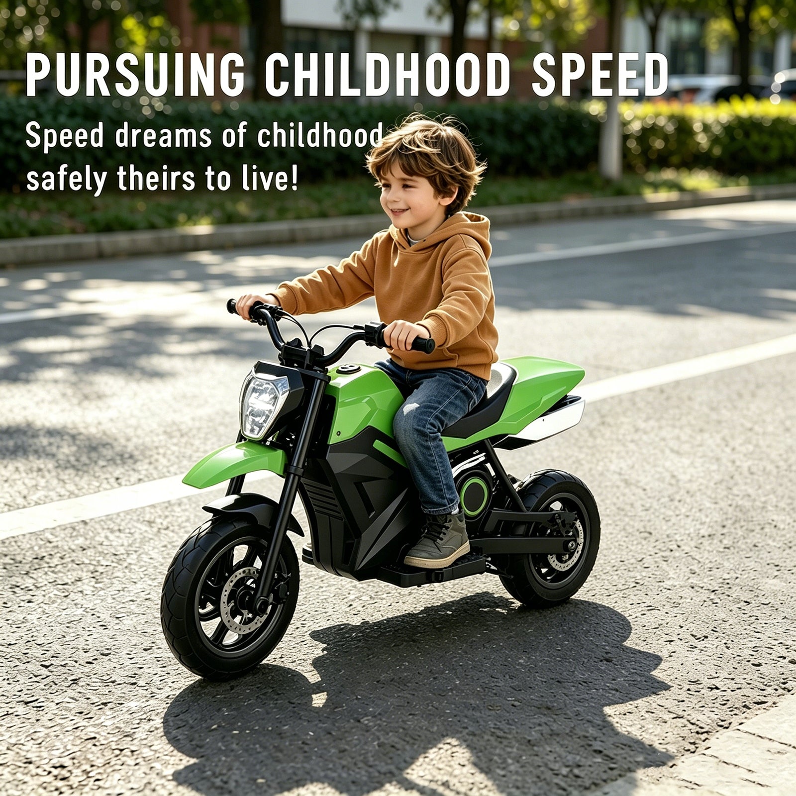 Children's Electric Motorcycles 250W 16KM/H 21.6V4AH 12" LED Wheels Green Packaging status original