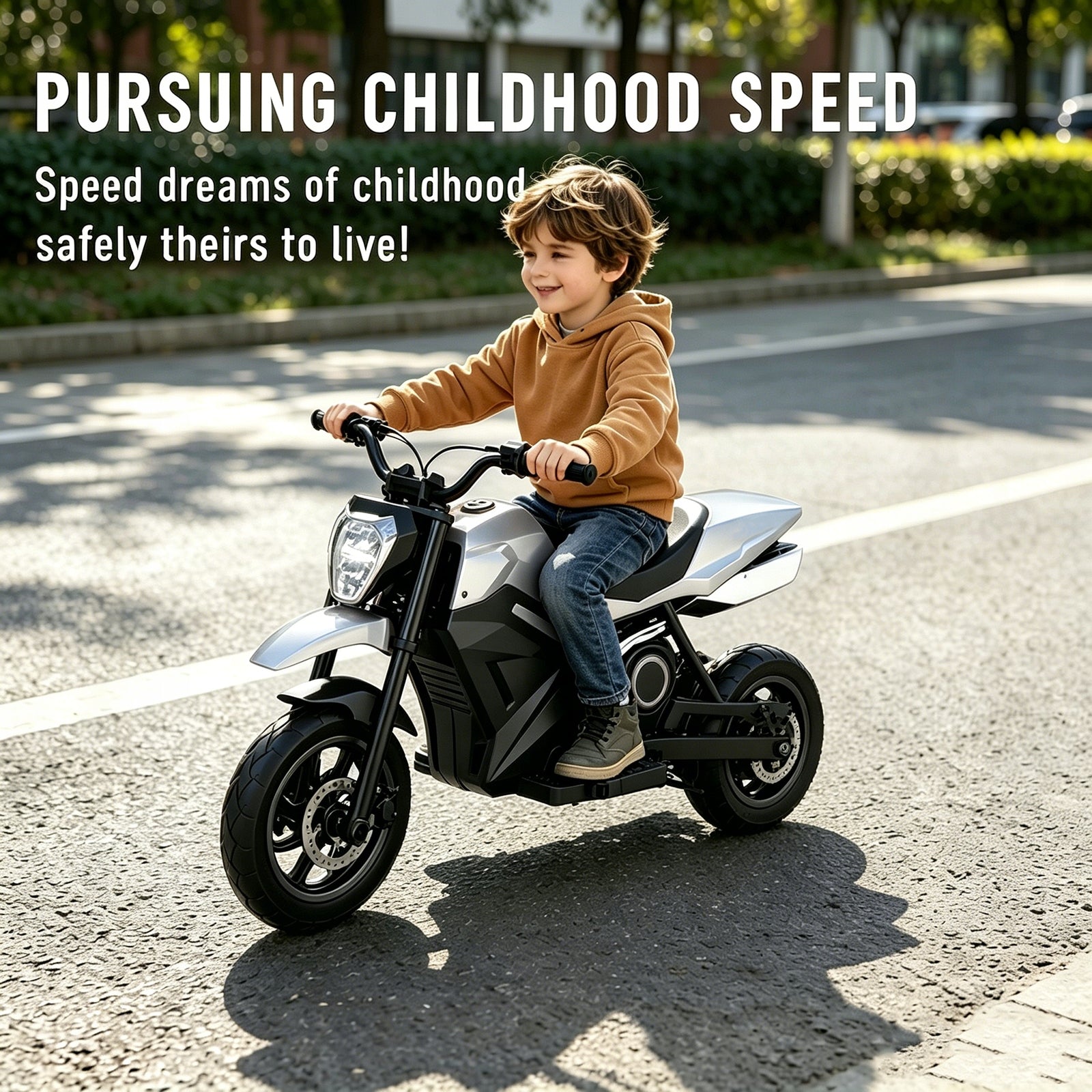 Children's Electric Motorcycles 250W 16KM/H 21.6V4AH 12" LED Wheels Silver Packaging status original