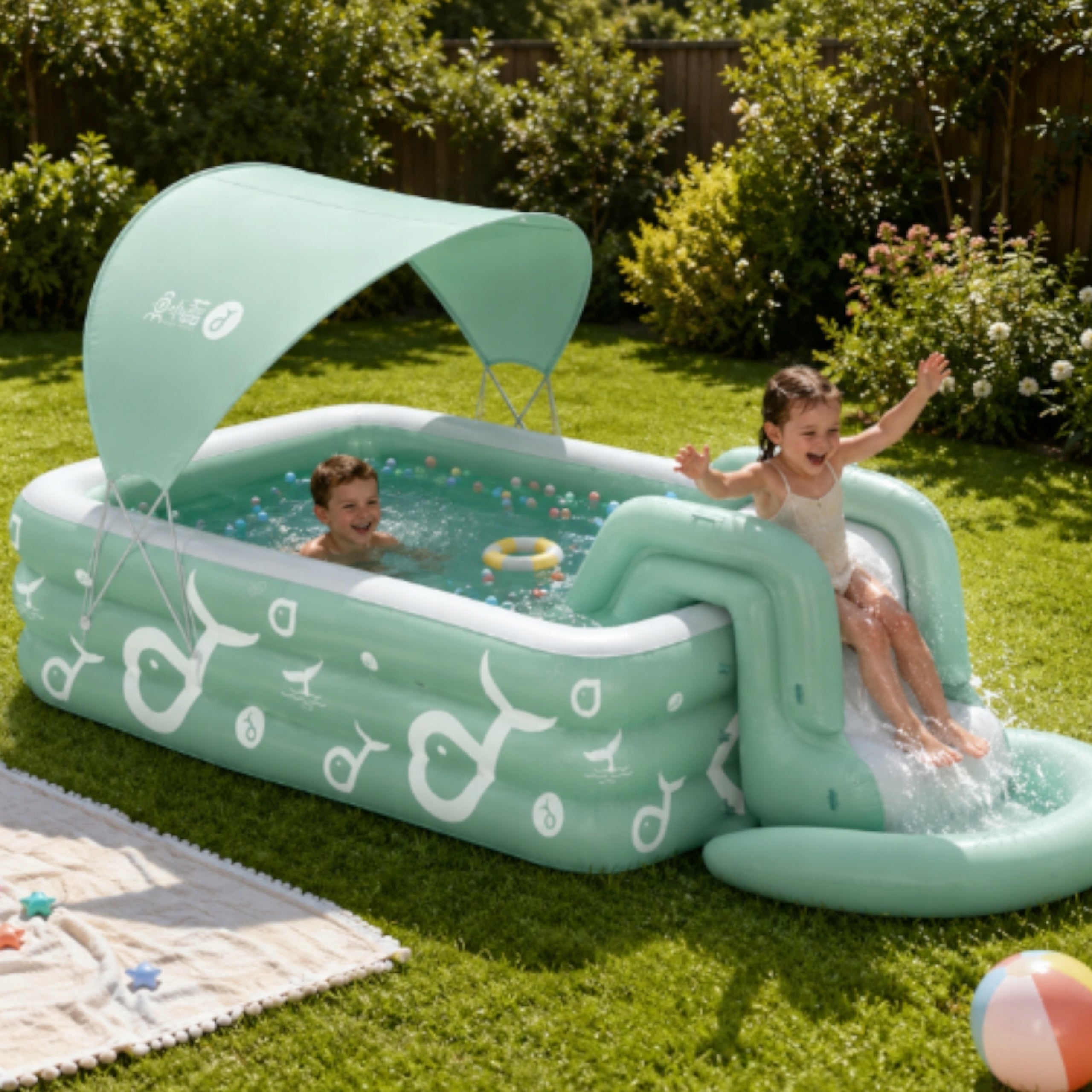 Children's Garden SWIMMING POOL INFLATABLE Large Slide Canopy UV Shower Tray 300 Color green