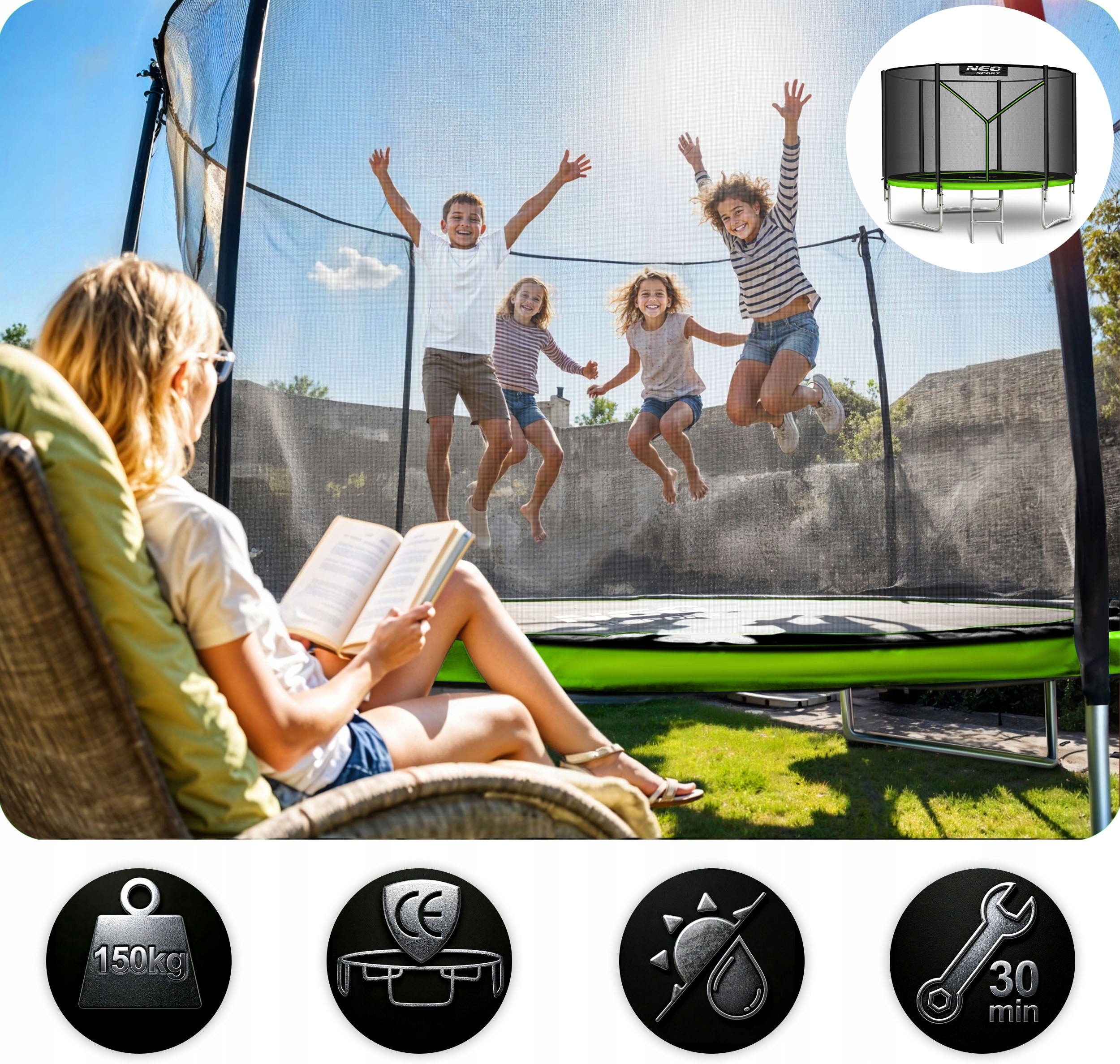 Children's Garden Trampoline 183cm 6ft + LADDER OUTDOOR MESH Net height 150 cm