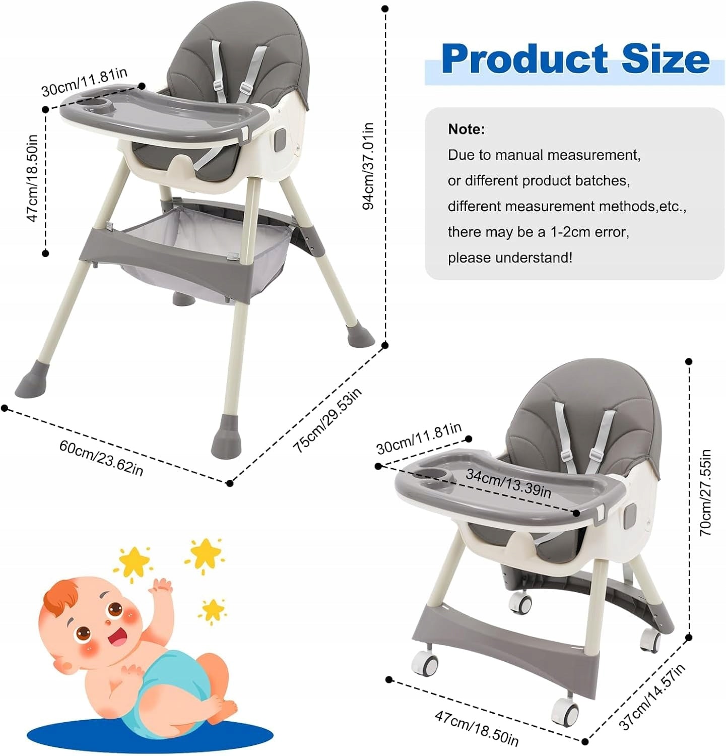 Children's Highchair 3in1 Folding Adjustable With Table Wheels Grey Manufacturer code krzesełkodokarmieniadzieciece30
