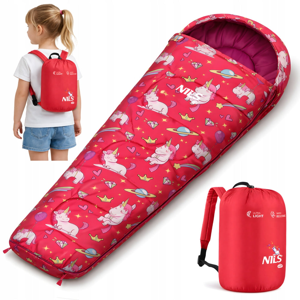 Children's Sleeping Bag Hiking Camping Mummy With Backpack 170x60cm Unicorns
