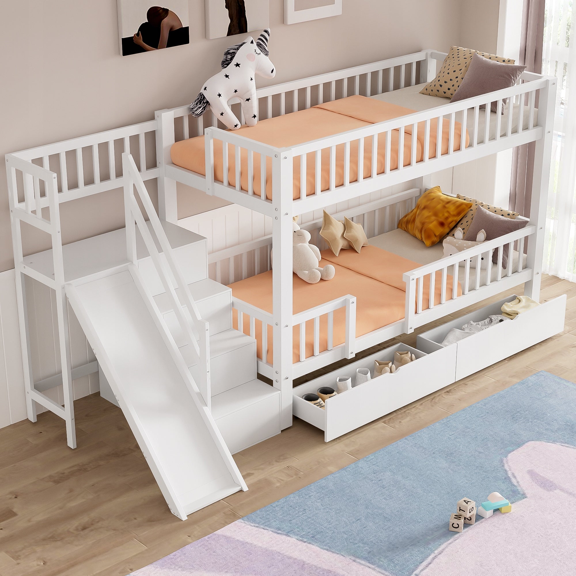 Children's bed Bunk beds slide stairs drawers 90x200cm white Brand Arhatreya