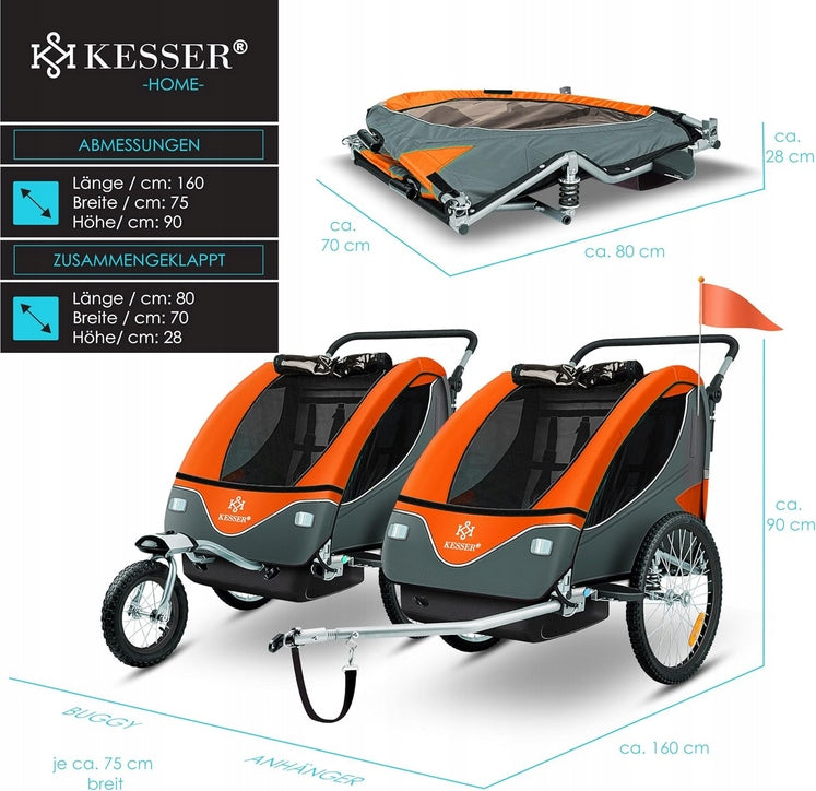 Children's bicycle trailer 2-seater 40 kg with jogger running KESSER Brand no brand