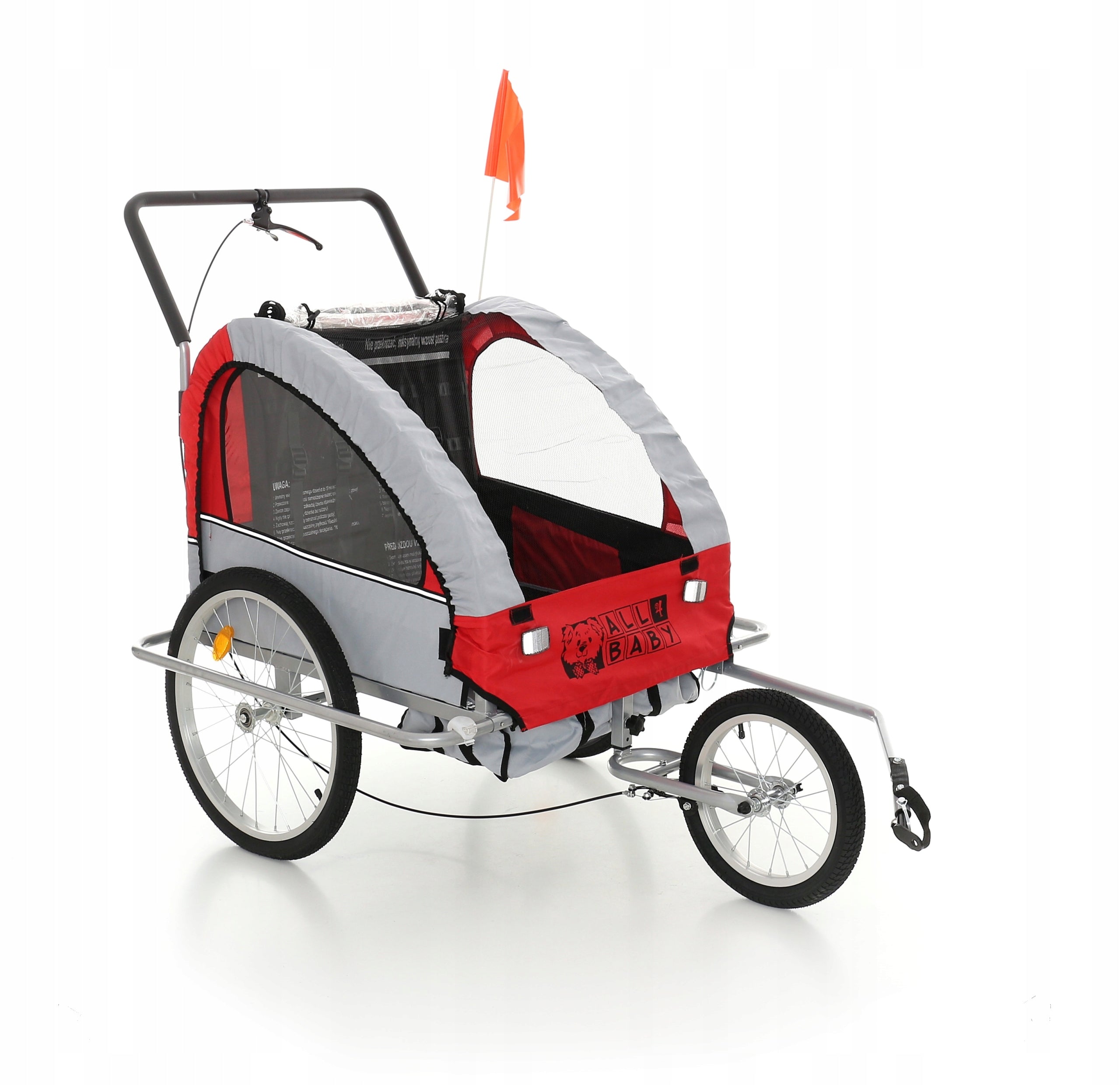 Children's bicycle trailer All4Baby BT01 RED Additional features safety flag rain cover jogger function brake mosquito net hi-vis reflectors lighting pumped wheels cargo space foldable trailer design bicycle trailer hook