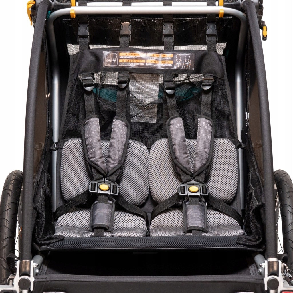 Children's bicycle trailer Burley ENCORE X turquoise 2 seater Additional features shock absorption brake stroller front wheel included axle-mounted securing straps pumped wheels cargo space foldable trailer design bicycle trailer hook