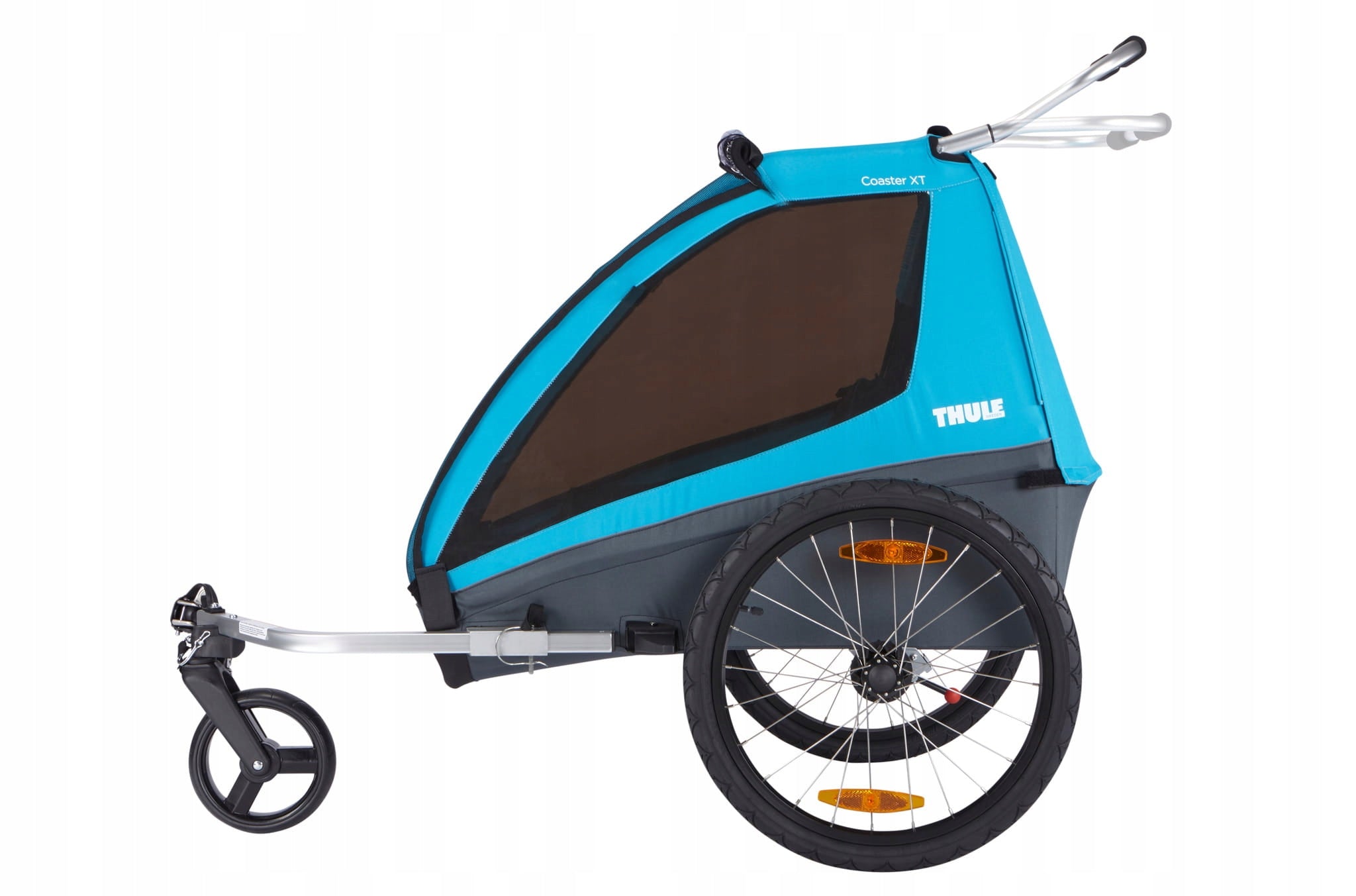 Children's bicycle trailer Thule Coaster XT2 Blue Additional features safety flag mosquito net hi-vis reflectors pumped wheels cargo space foldable trailer design bicycle trailer hook