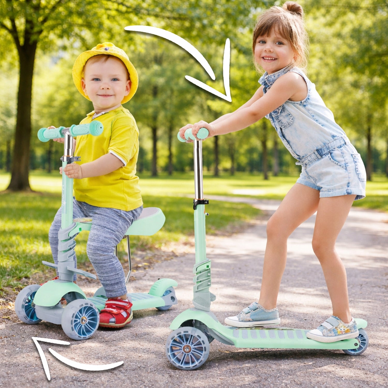 Children's scooter 2in1 with saddle adjustable + LED helmet 3 balance wheels Brand Stator