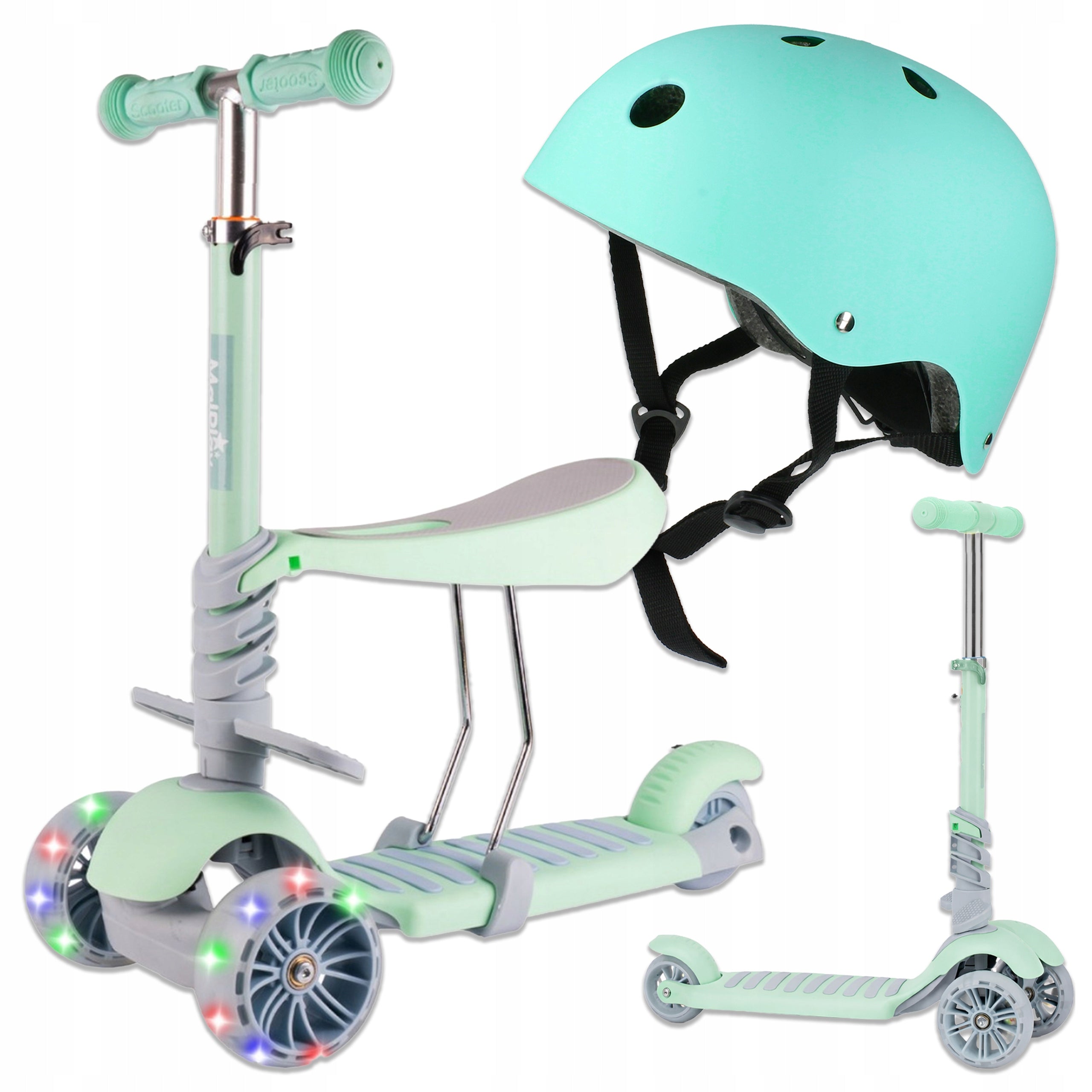 Children's scooter 2in1 with saddle adjustable + LED helmet 3 balance wheels Kind tri-wheeled