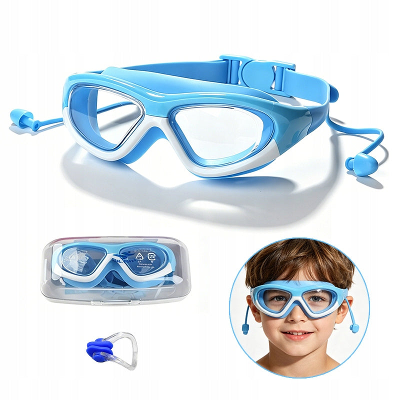 Children's swimming goggles with integrated earplugs, blue and white