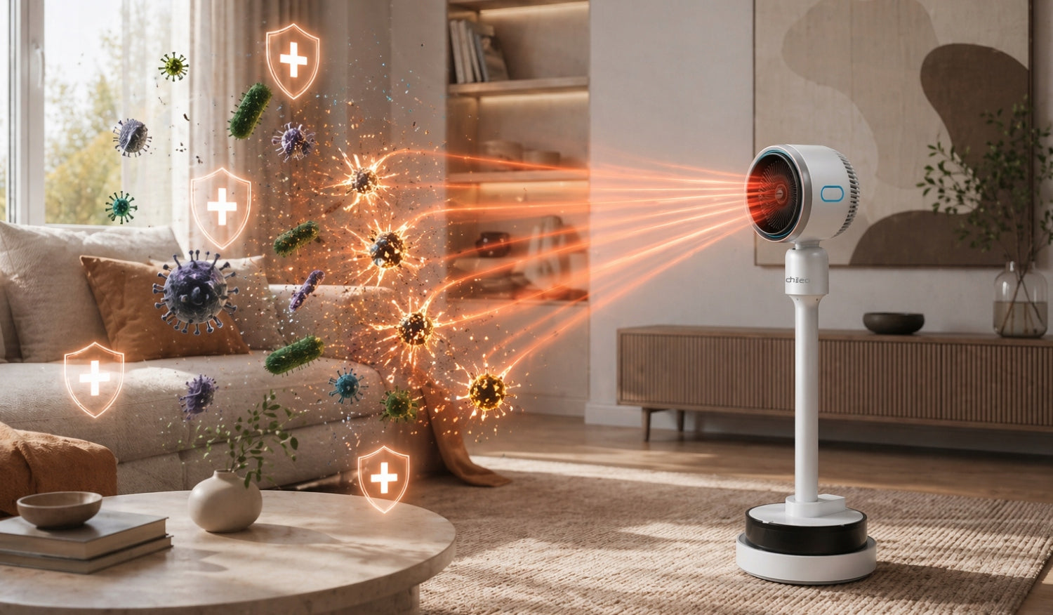 Chileo 4in1 Room Fan with Water Mist Heating Ionization and Remote Control Dominant color white