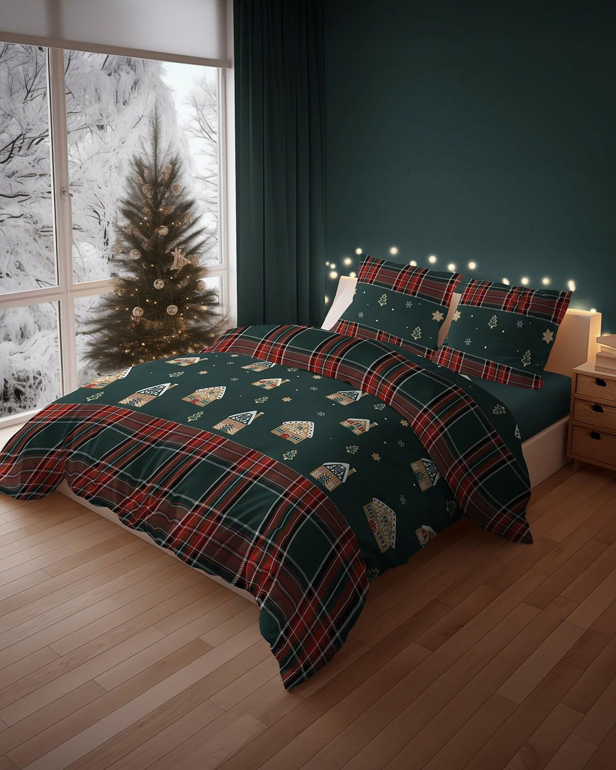 Christmas bedding 220x200 dark green with gingerbread houses and checkered Brand Detexpol