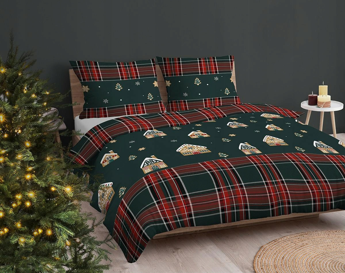 Christmas bedding 220x200 dark green with gingerbread houses and checkered Packaging status original