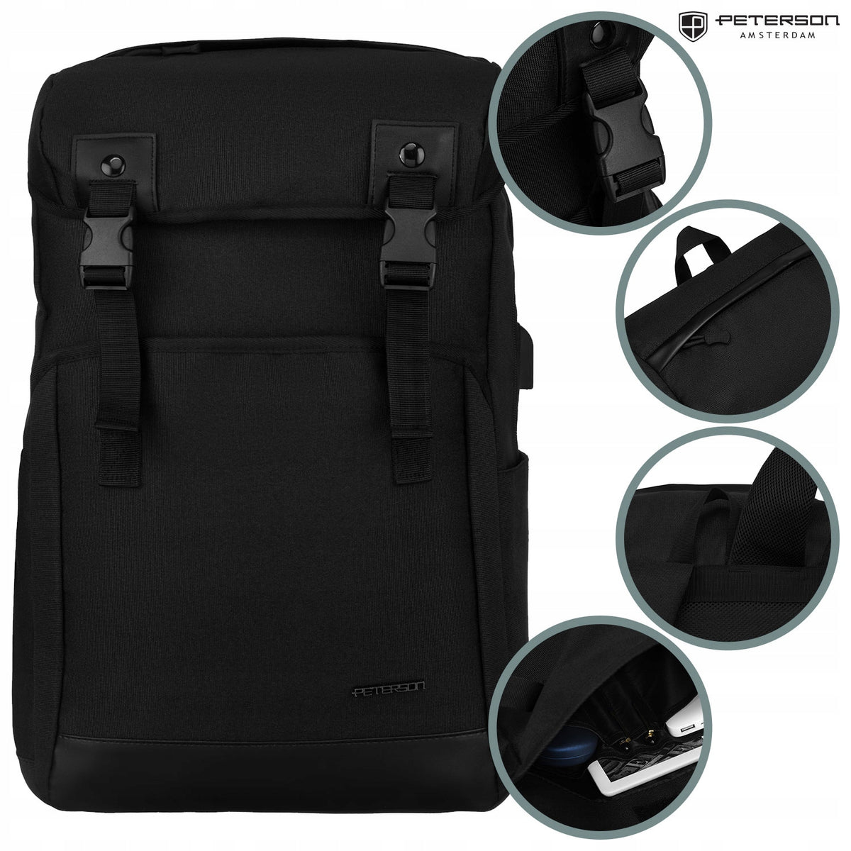 City backpack black Peterson school laptop port USB roomy Brand Peterson