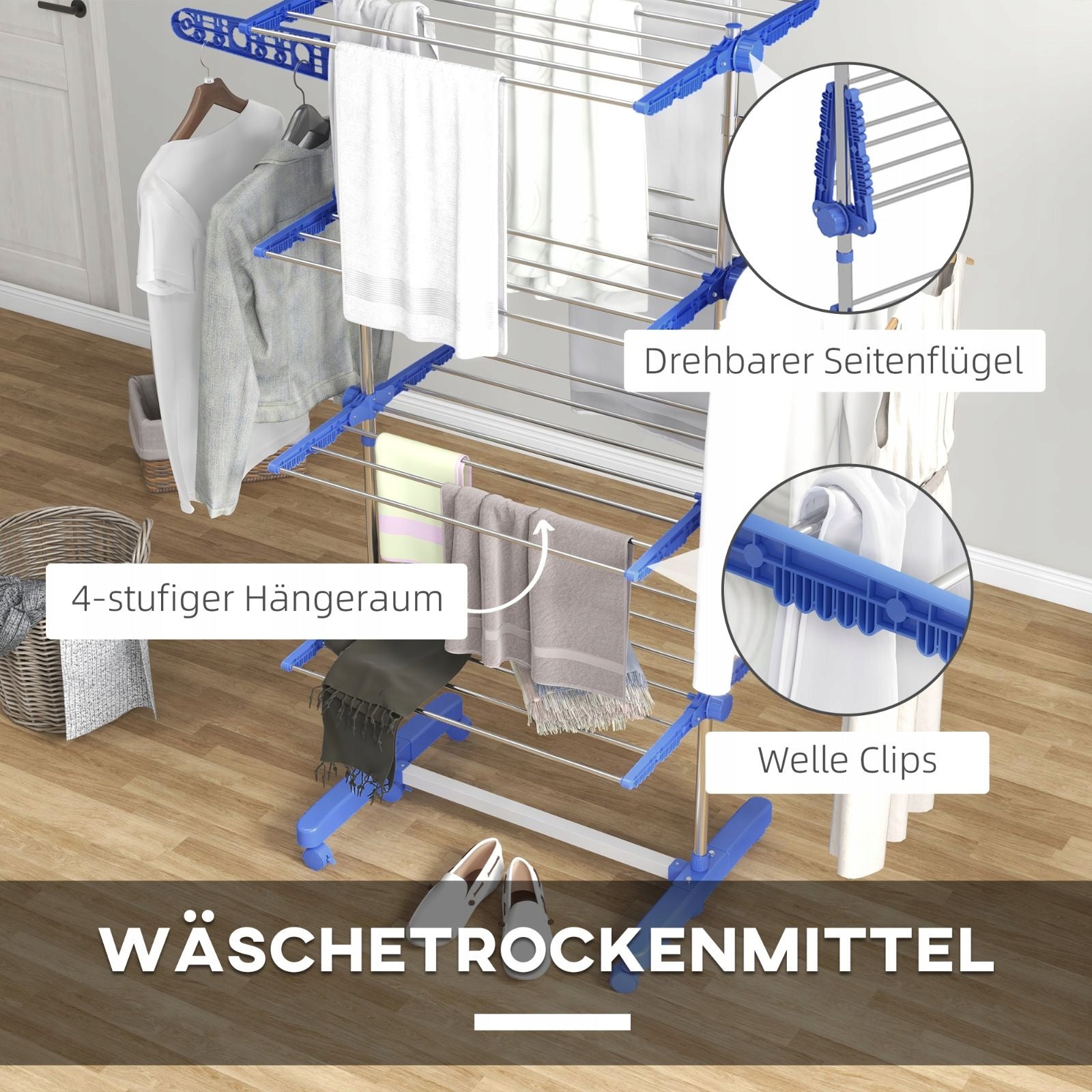 Clothes dryer with wheels, foldable, blue steel EAN (GTIN) 4932106123863