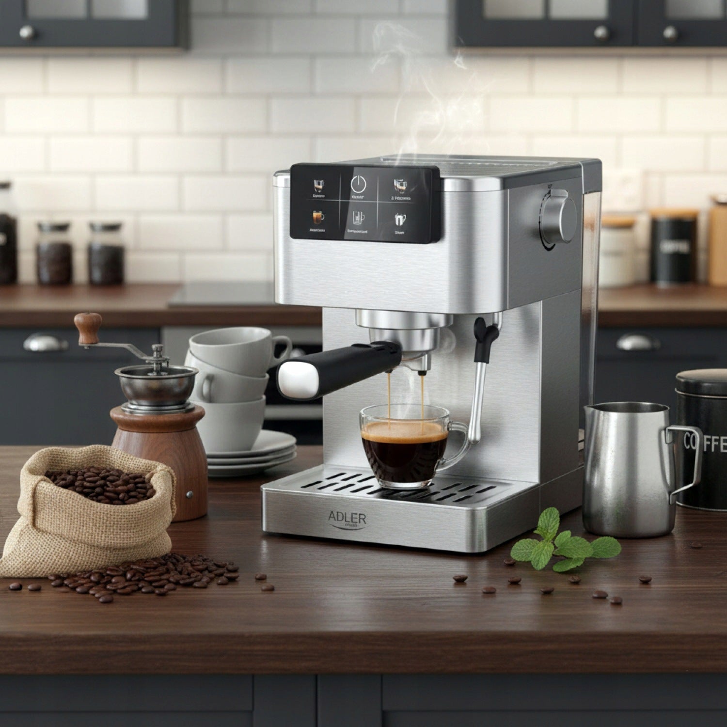 Cob Pressure Coffee Maker Powerful 20 Bar LCD Thermoblock Foamer Brand ADLER