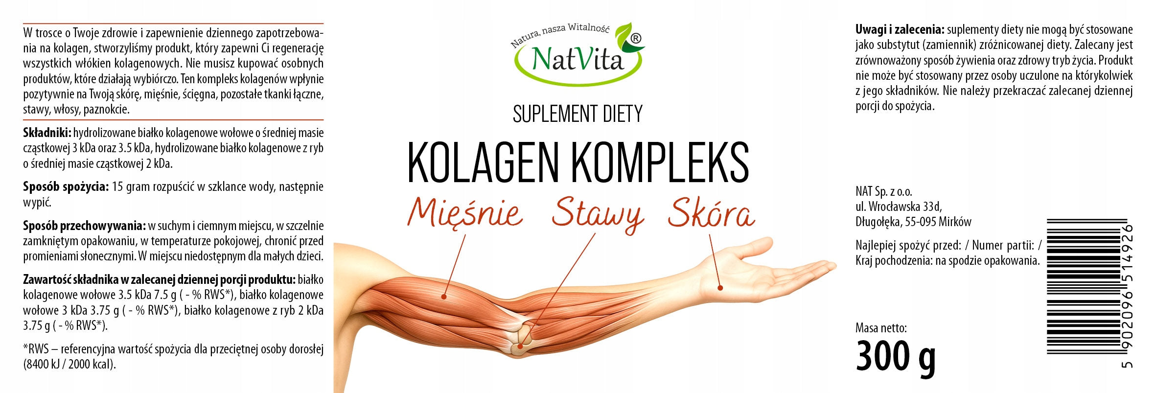Collagen Complex (Muscles+Joints+Skin) - peptides, hydrolysate 300g NatVita Packaging status original