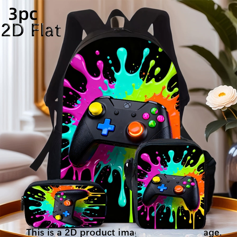 Color Splash Game Controller Print Backpack Set with Small Bag
