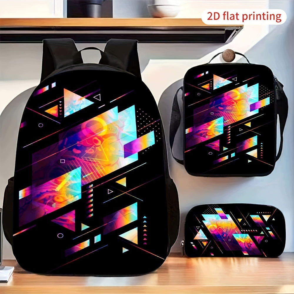 Colorful Abstract Holographic Geometric Backpack Set with Crossbody Bag and Pencil Case
