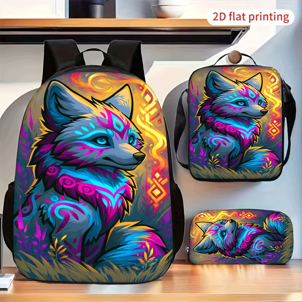 Colorful Artistic Fox Pattern Backpack Set with Crossbody Bag and Pencil Case