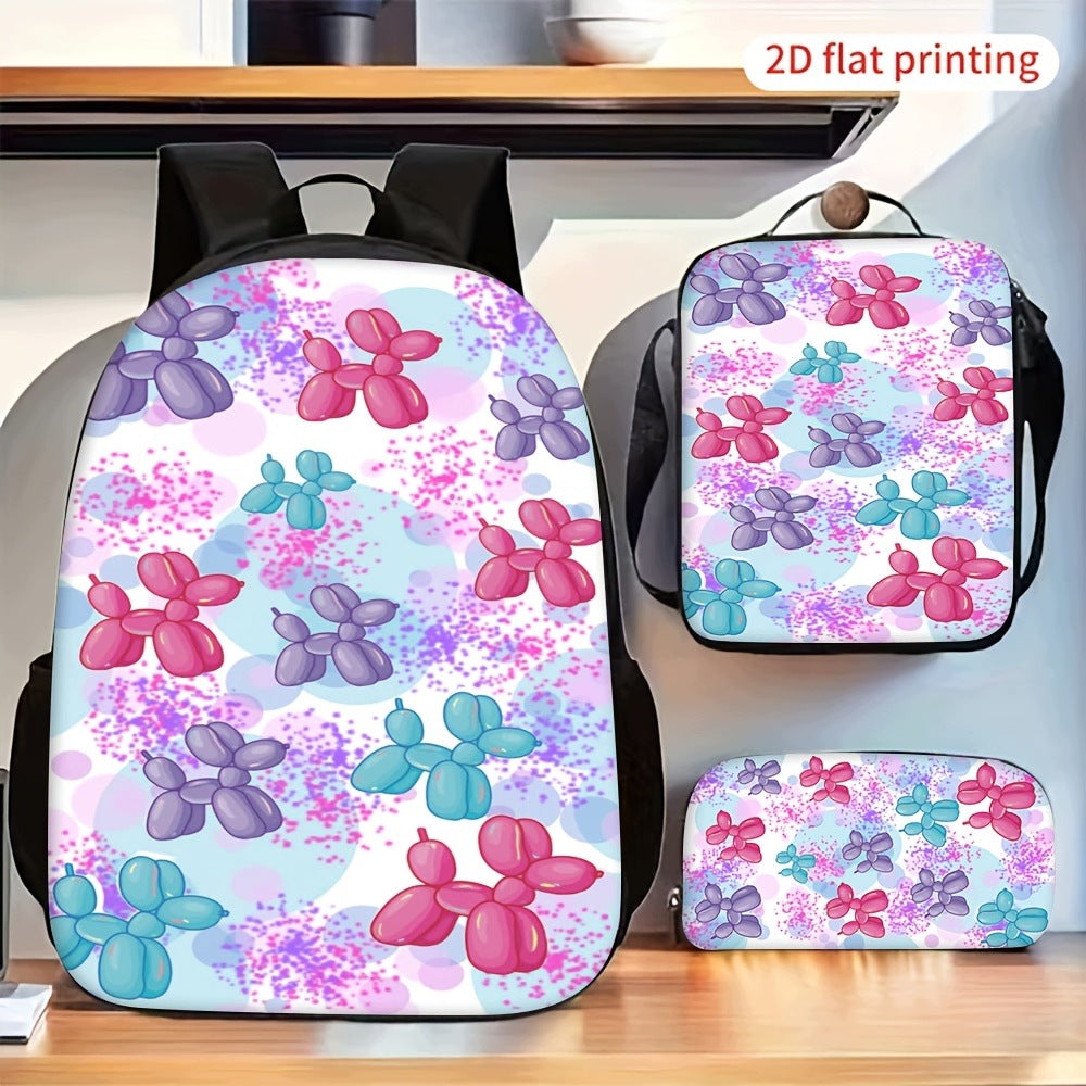 Colorful Balloon Dog Pattern 3pc Backpack Set with Crossbody Bag and Pencil Case