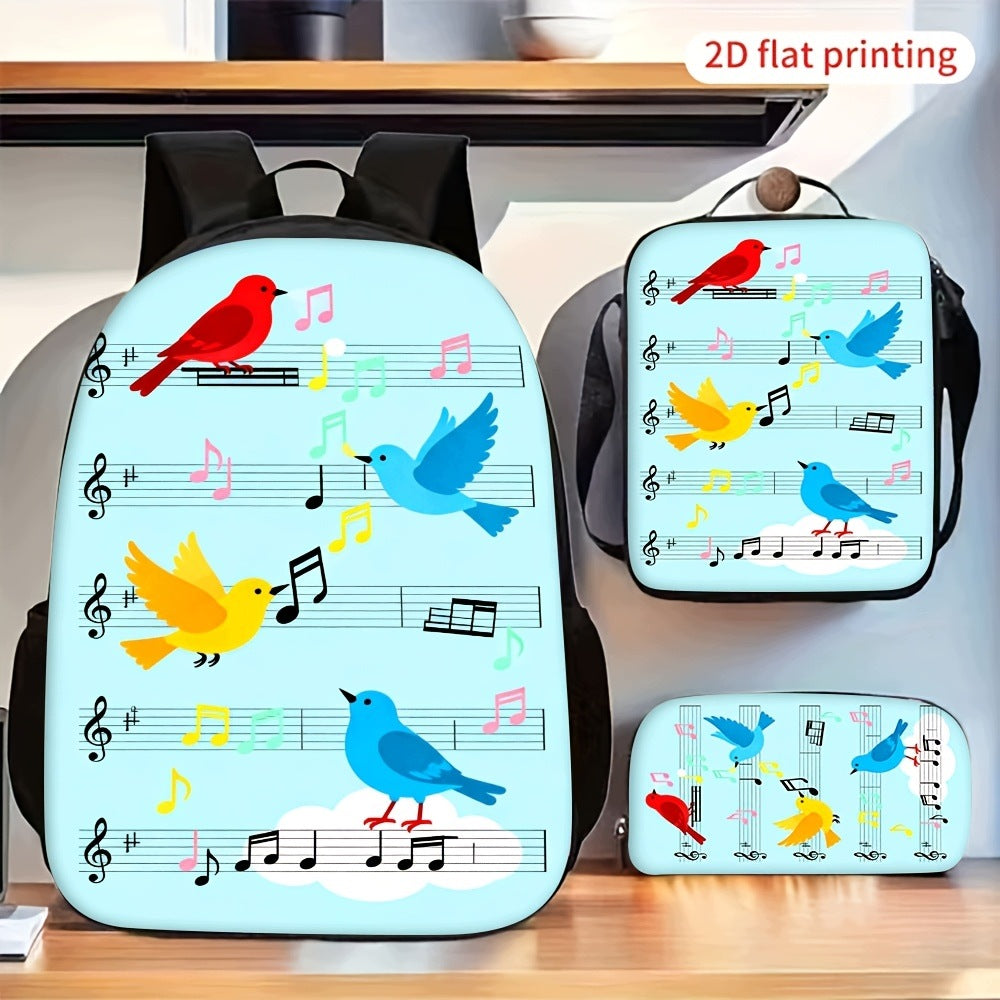 Colorful Birds Music Notes Print Backpack Set with Crossbody Bag Pencil Case