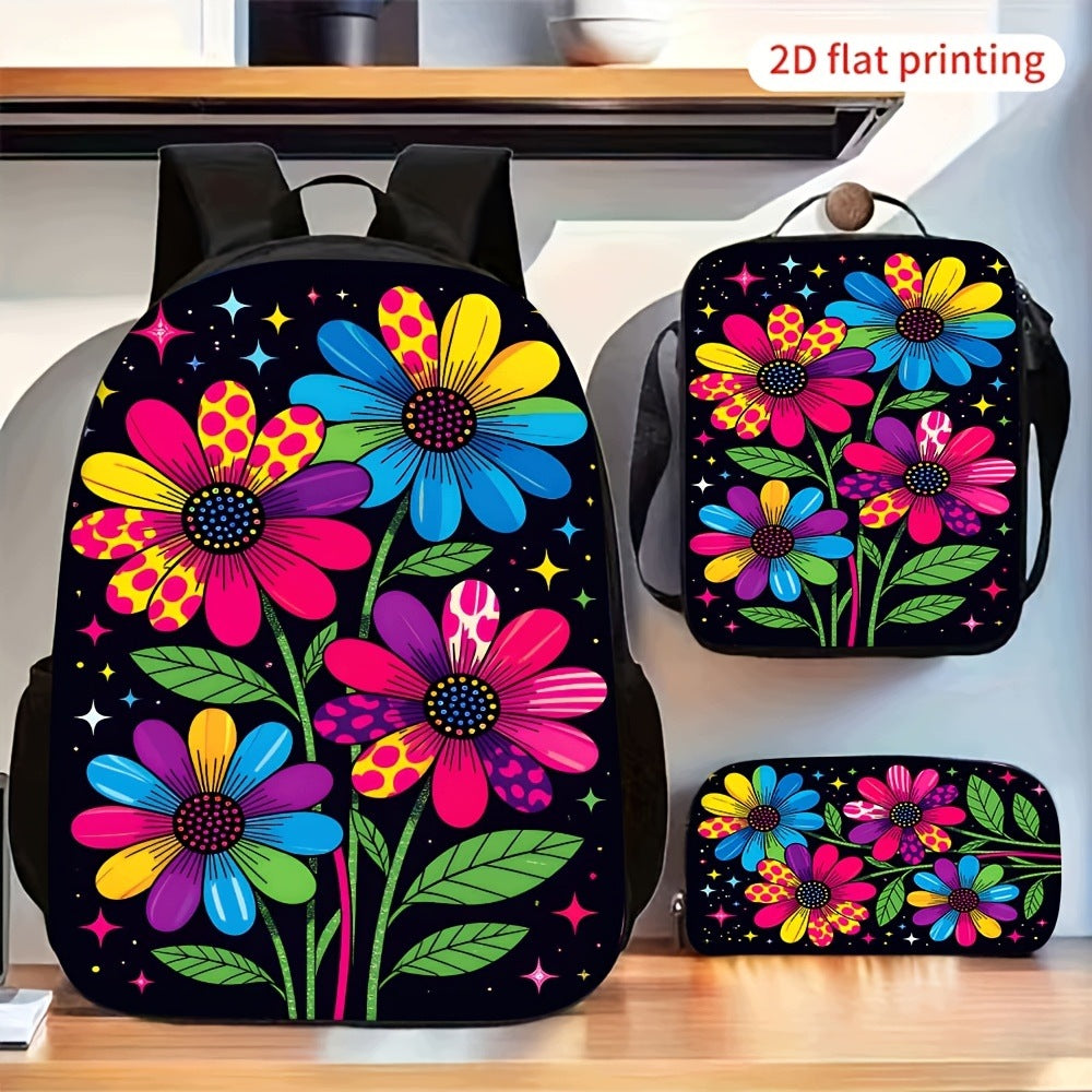 Colorful Blooming Flower Pattern Backpack Set with Crossbody Bag Pencil Case