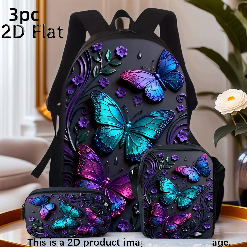 Colorful Butterfly Purple Floral Pattern Printed Fashion Bag Set