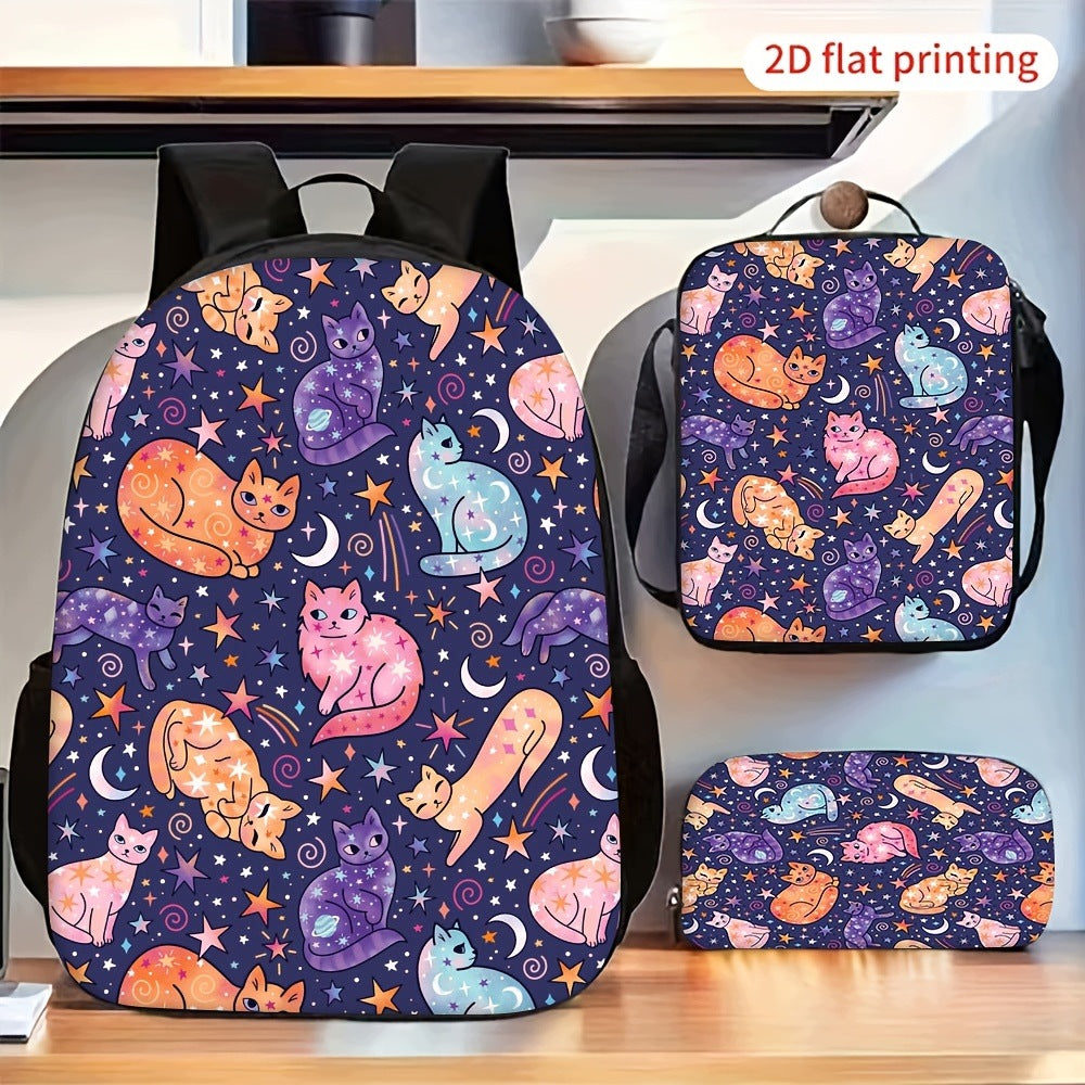 Colorful Cats Moon Star Print Backpack Set with Lunch Bag