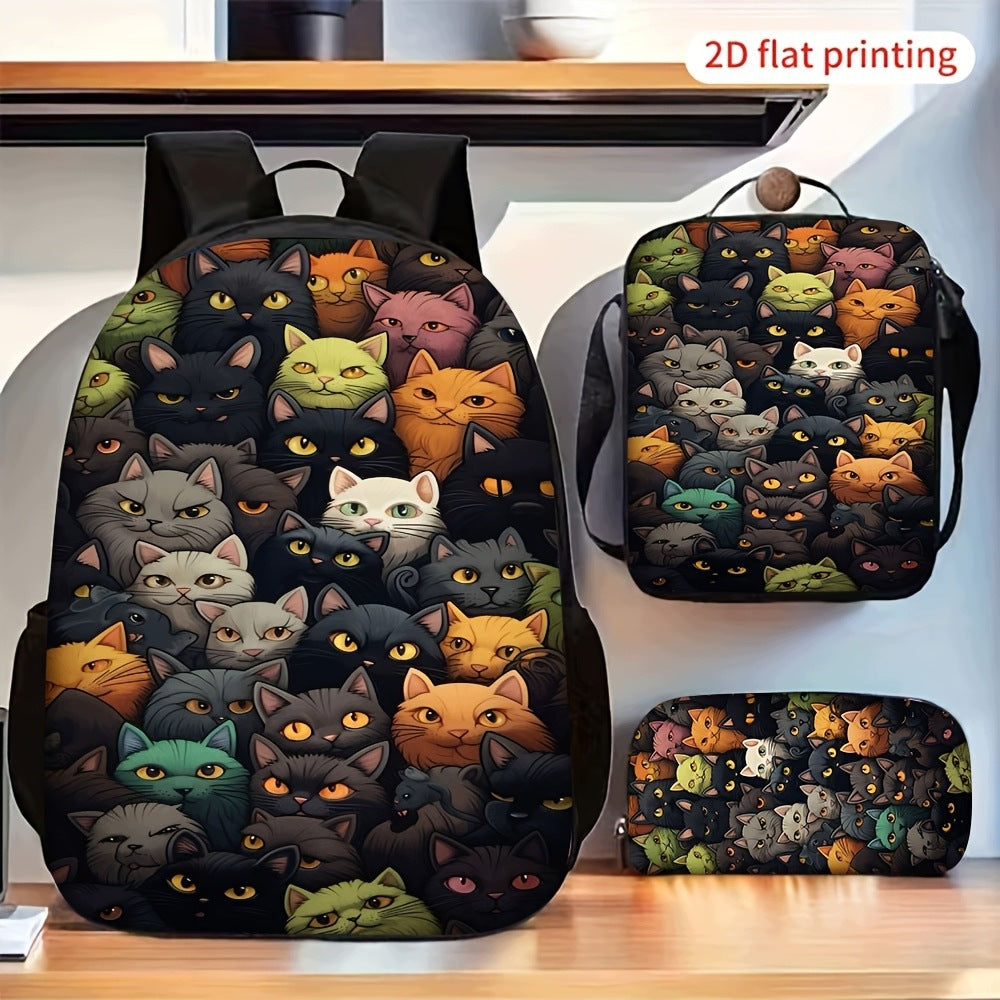 Colorful Cats Pattern Backpack Set with Storage Bag and Pencil Case