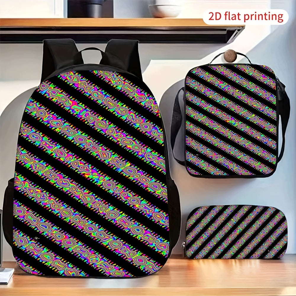 Colorful Diagonal Striped Abstract Paisley Backpack Set