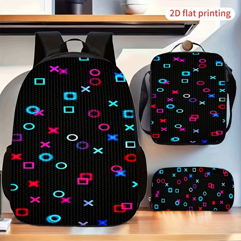 Colorful Game Symbol Geometric Pattern 3-Piece Backpack Set
